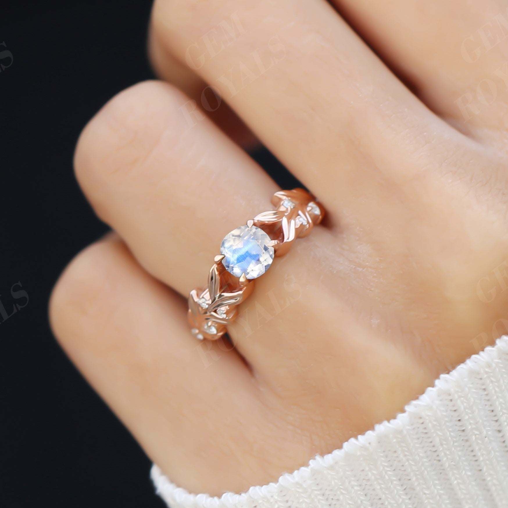 Nature Inspired Round Rainbow Moonstone Engagement Ring