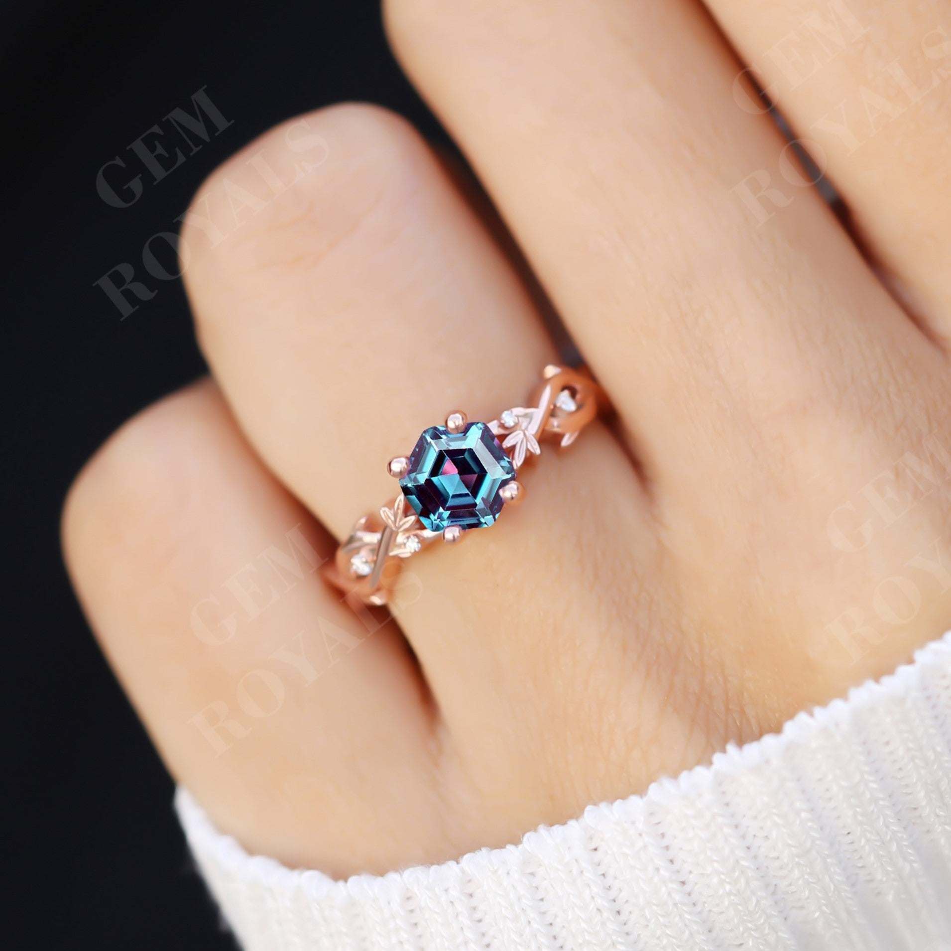 Nature Inspired Hexagon Cut Alexandrite Engagement Ring