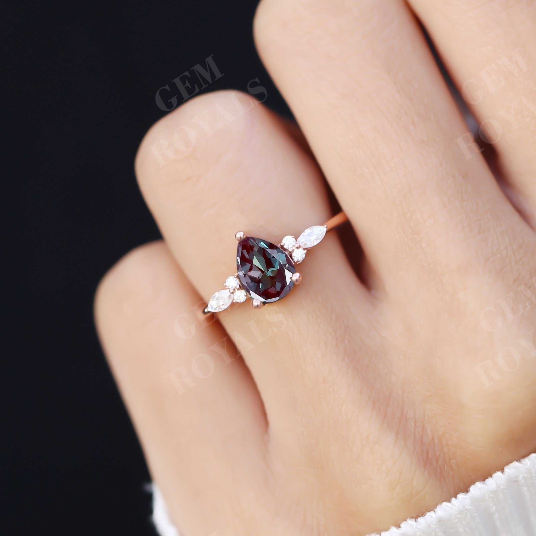 Cluster Pear Shaped Alexandrite Engagement Ring