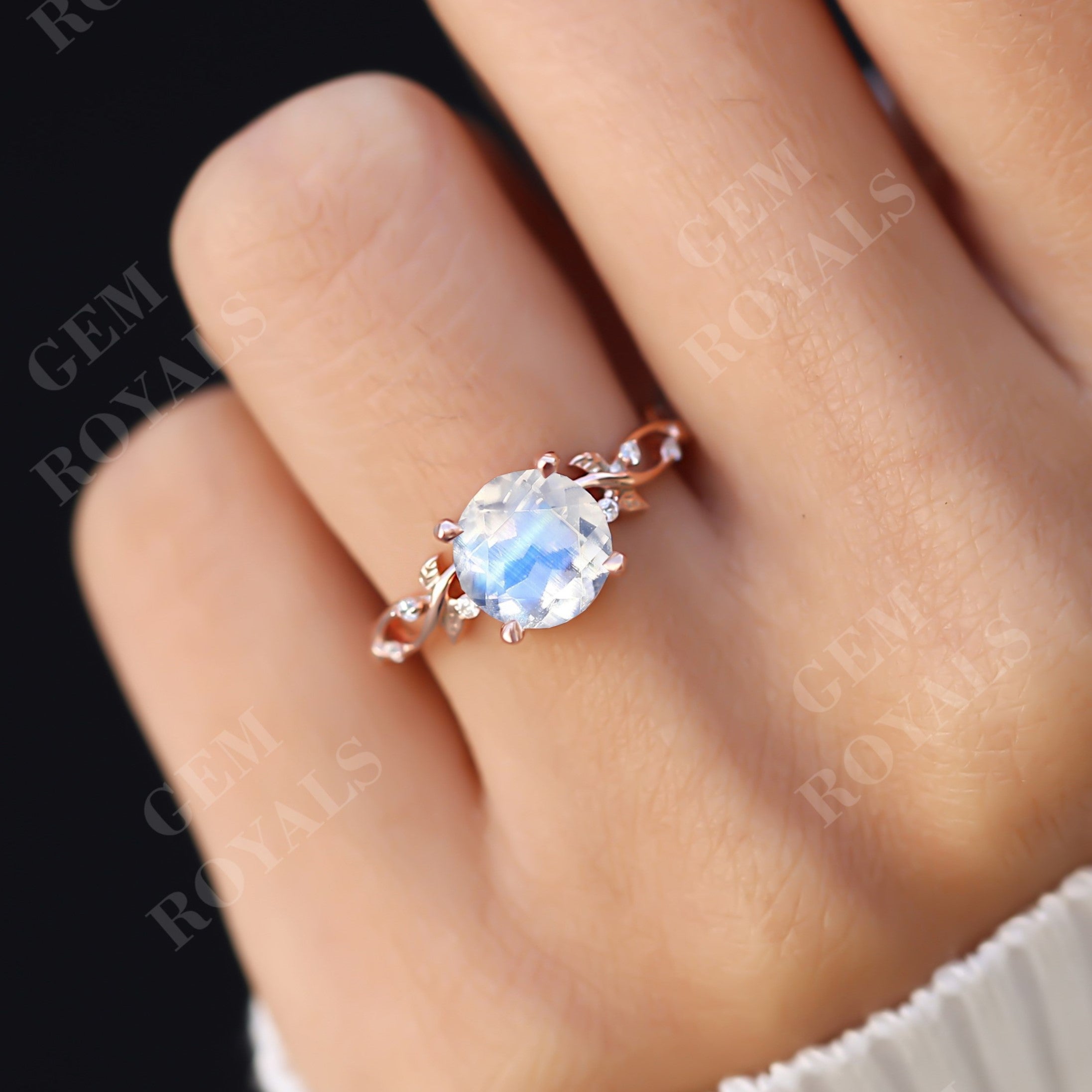 Nature Inspired Round Rainbow Moonstone Engagement Ring