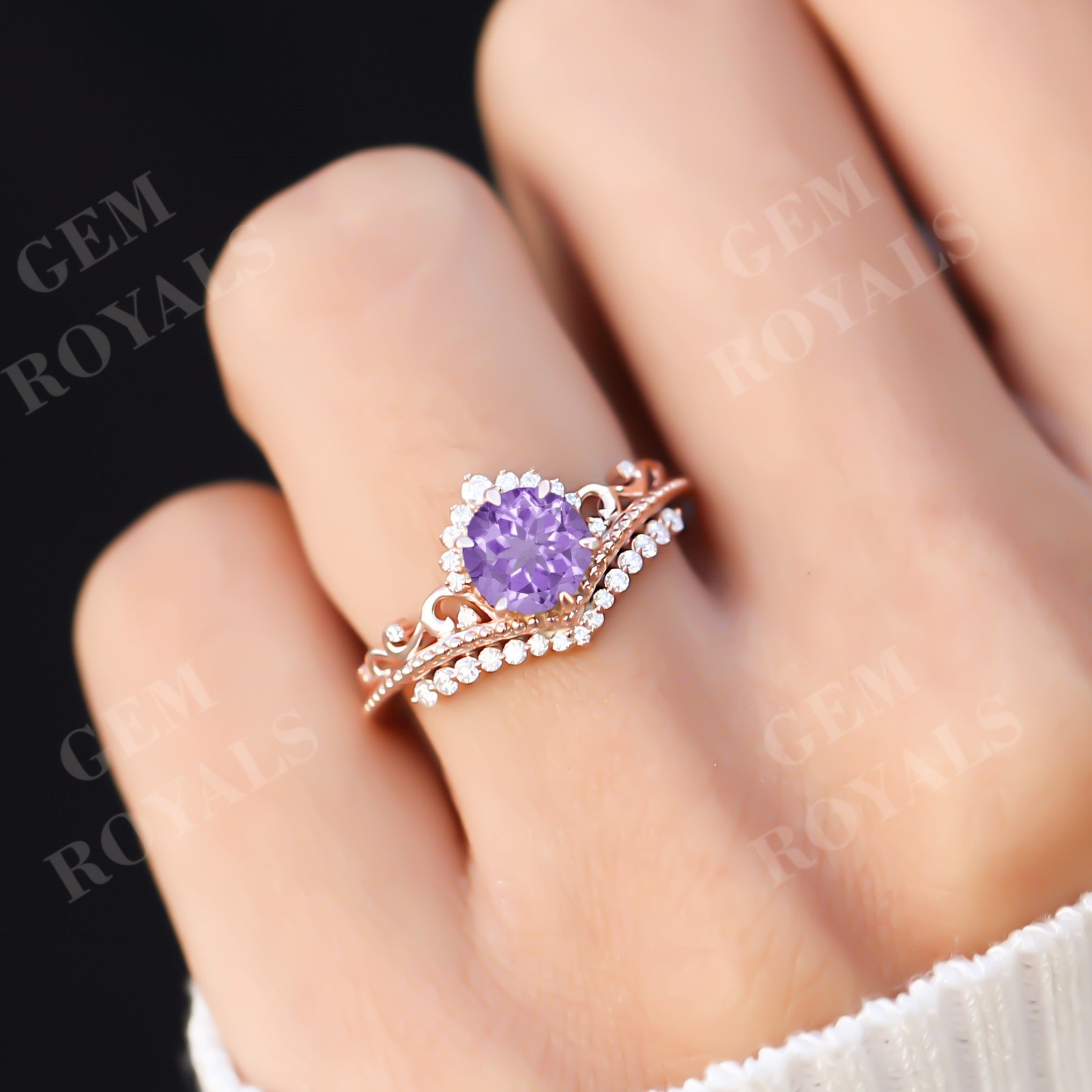 Art Deco Chevron style Round Amethyst Engagement Ring