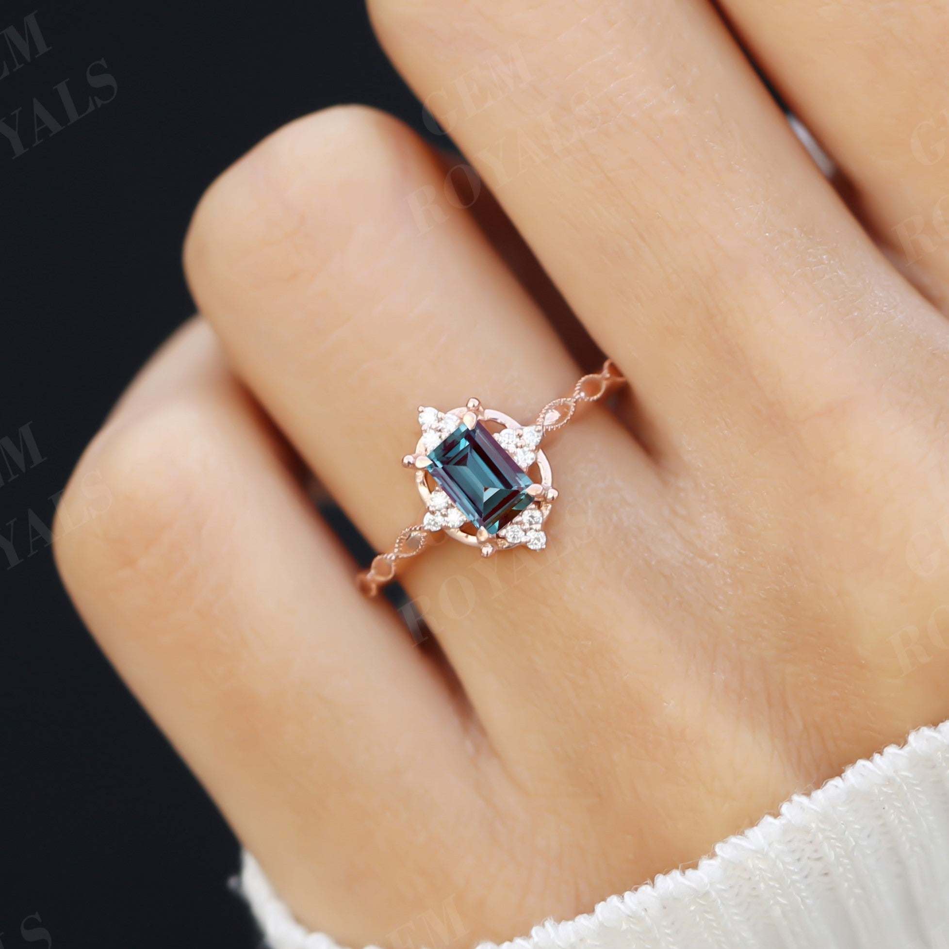 Vintage Style Emerald Cut Alexandrite Engagement Ring