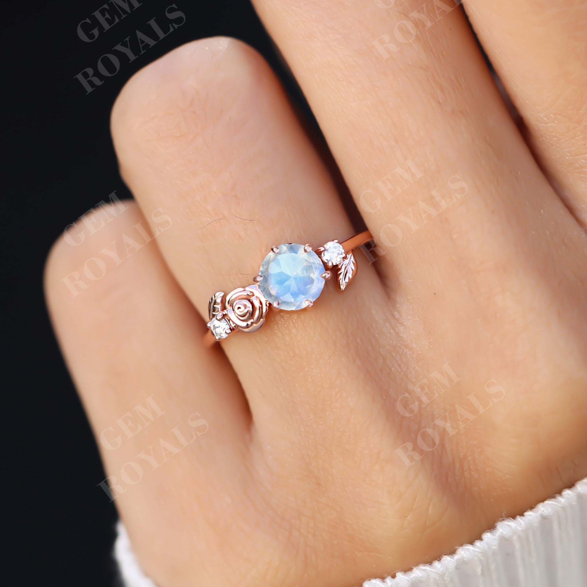 Dainty Flower Round Cut Moonstone Engagement Ring