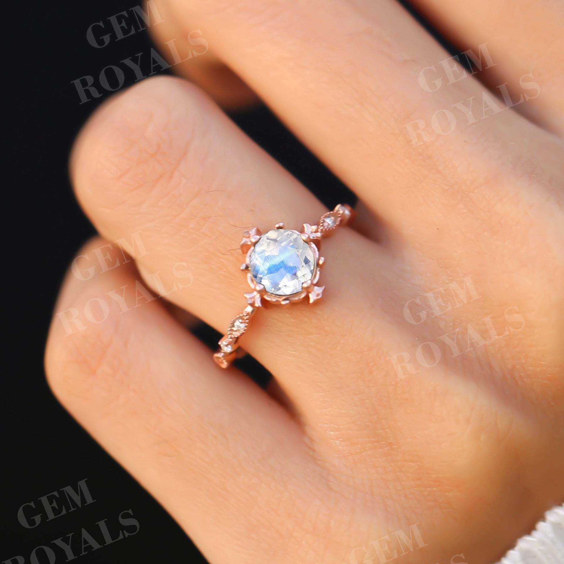 Vintage Round Cut Rainbow Moonstone Engagement Ring