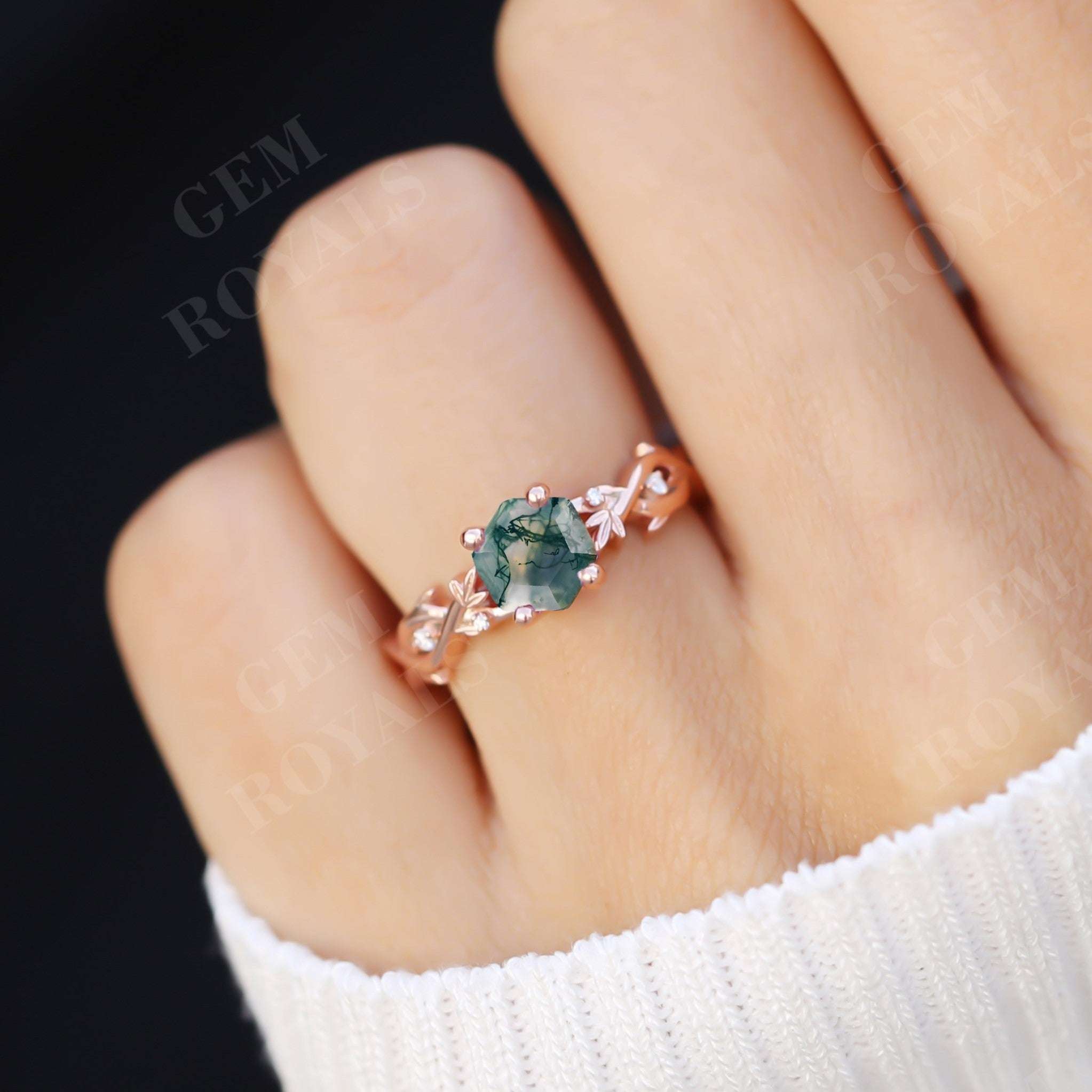 Unique Hexagon Cut Natural Moss Agate Engagement Ring