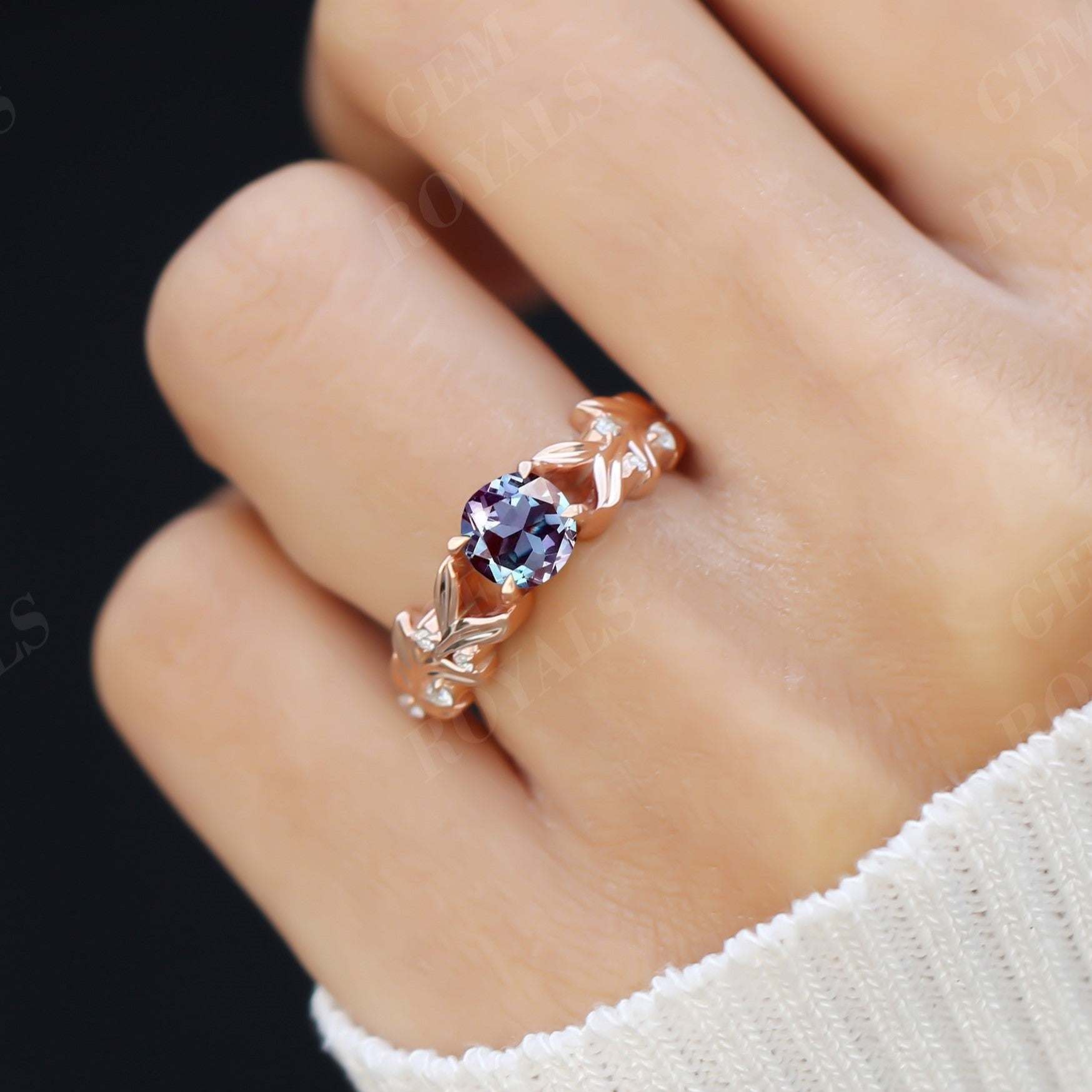 Unique Leaf Design Round Alexandrite Engagement Ring