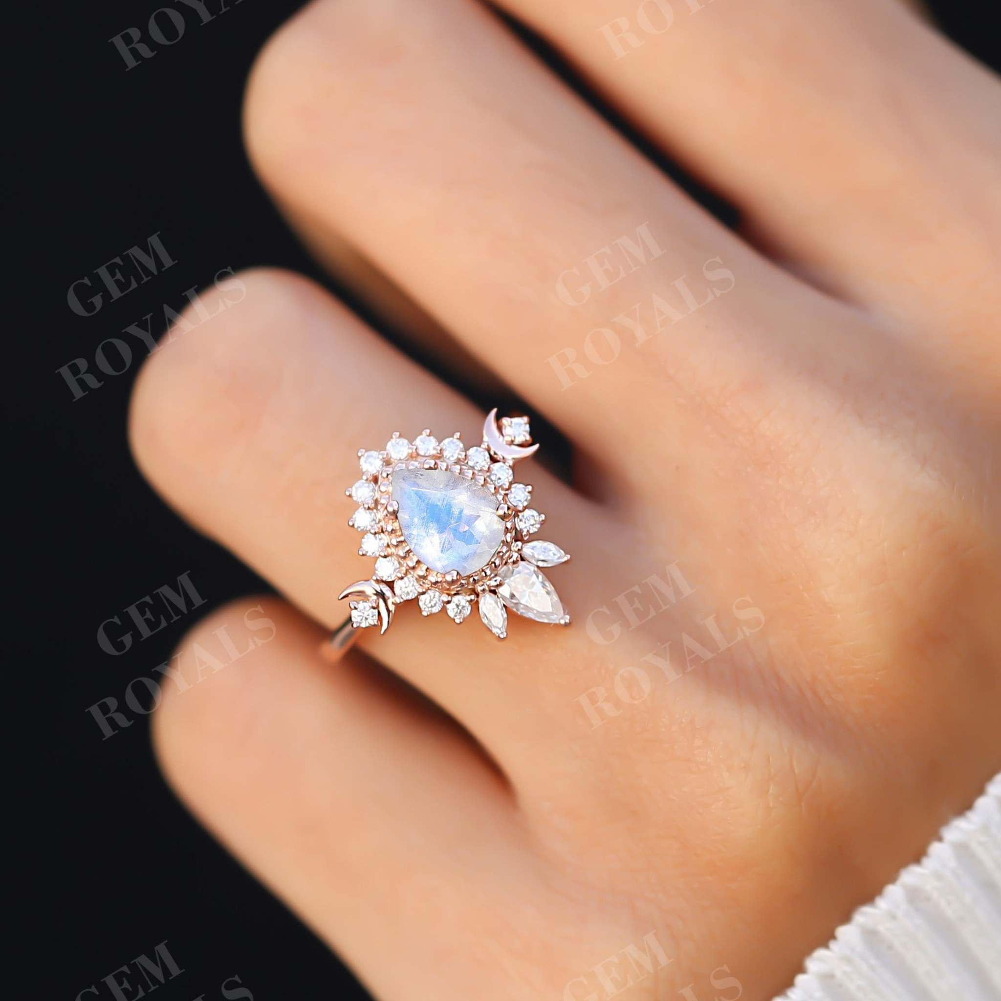 Vintage Pear Shaped Moonstone Halo Engagement Ring