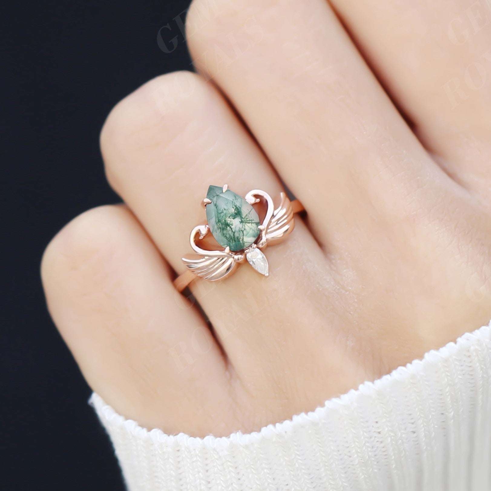 Art Deco Vintage Pear Shaped Moss Agate Engagement Ring