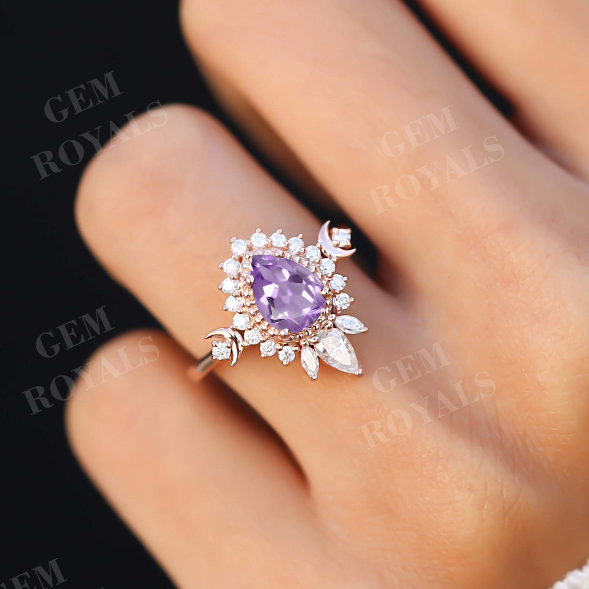 Art Deco Pear Shaped Natural Amethyst Engagement Ring