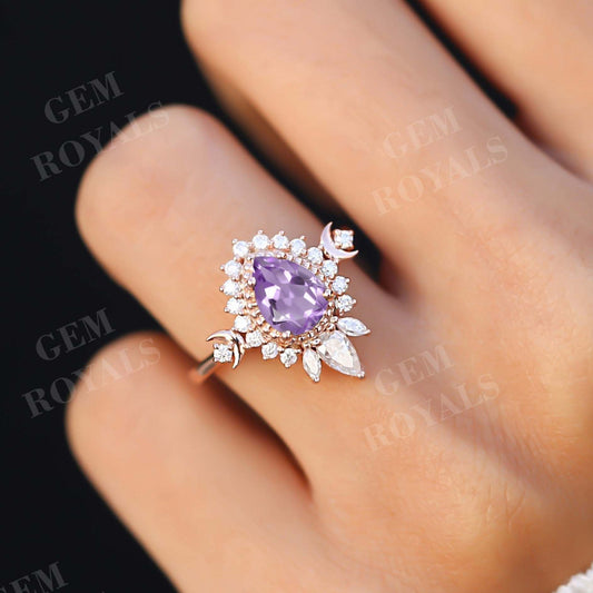 Art Deco Pear Shaped Natural Amethyst Engagement Ring
