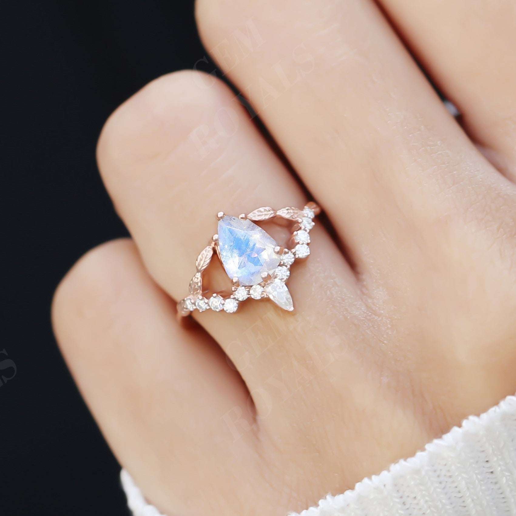 Nature Inspired Pear Cut Rainbow Moonstone Engagement Ring