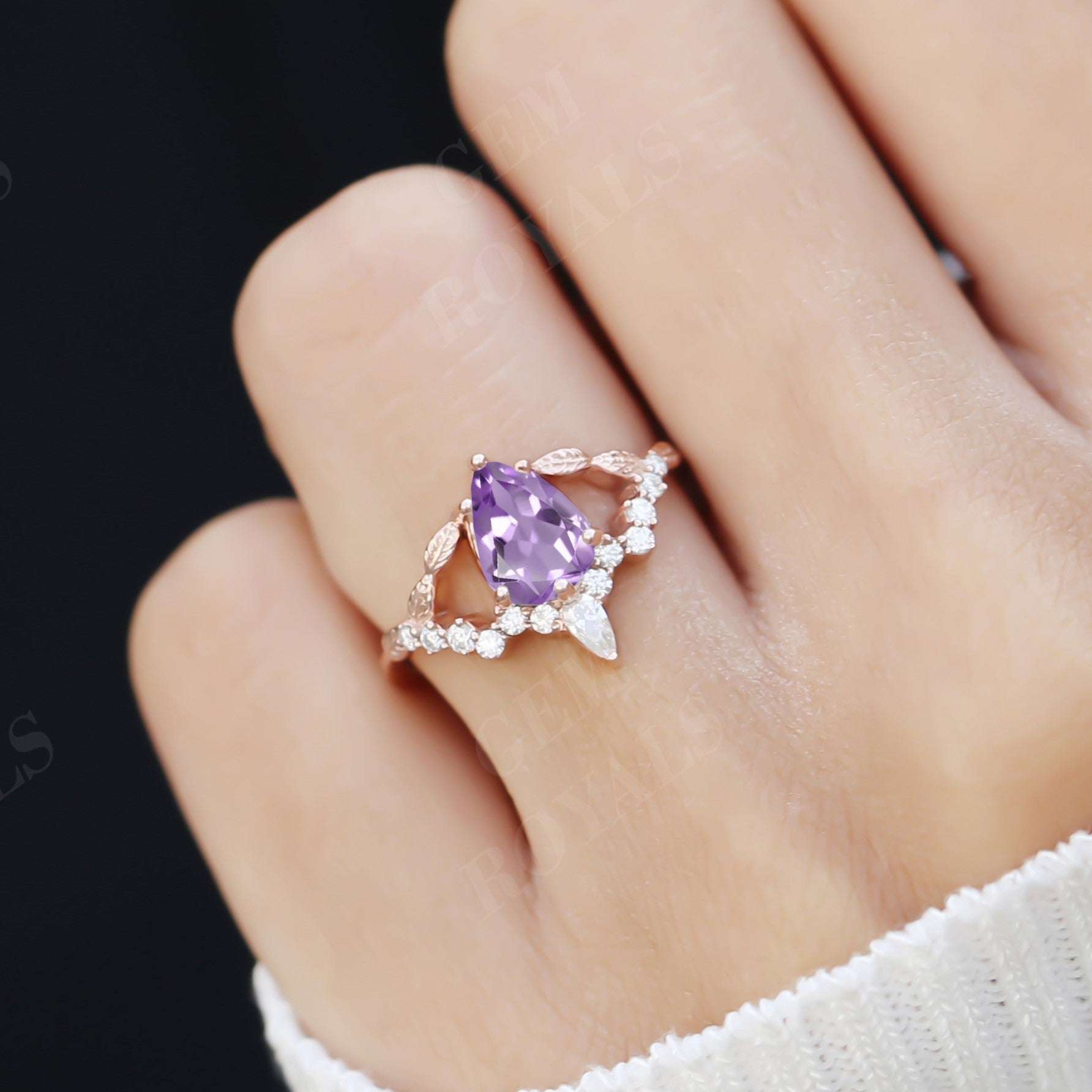 Nature Inspired Leaf Design Pear Amethyst Engagement Ring