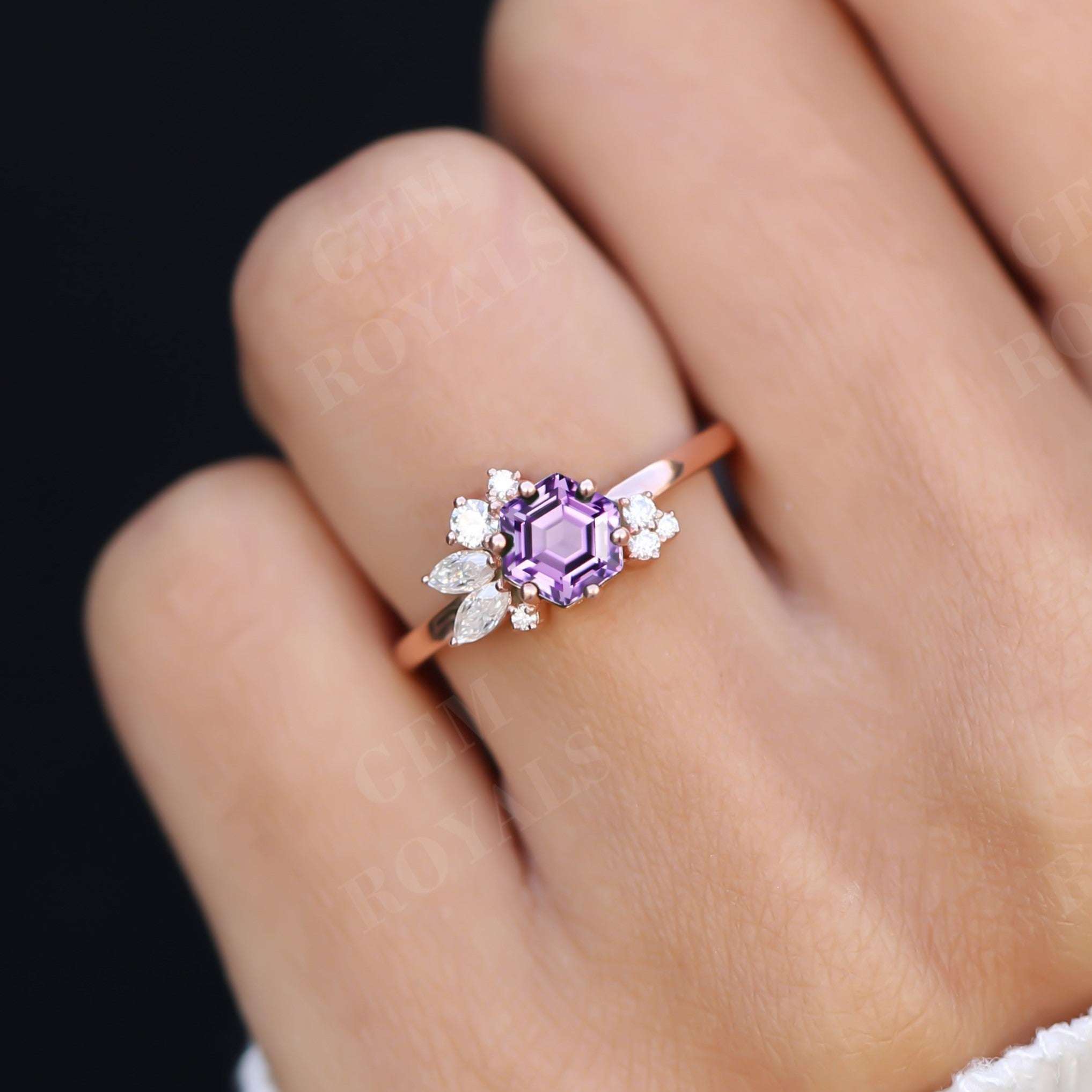 Vintage Hexagon Cut Natural Amethyst Engagement Ring