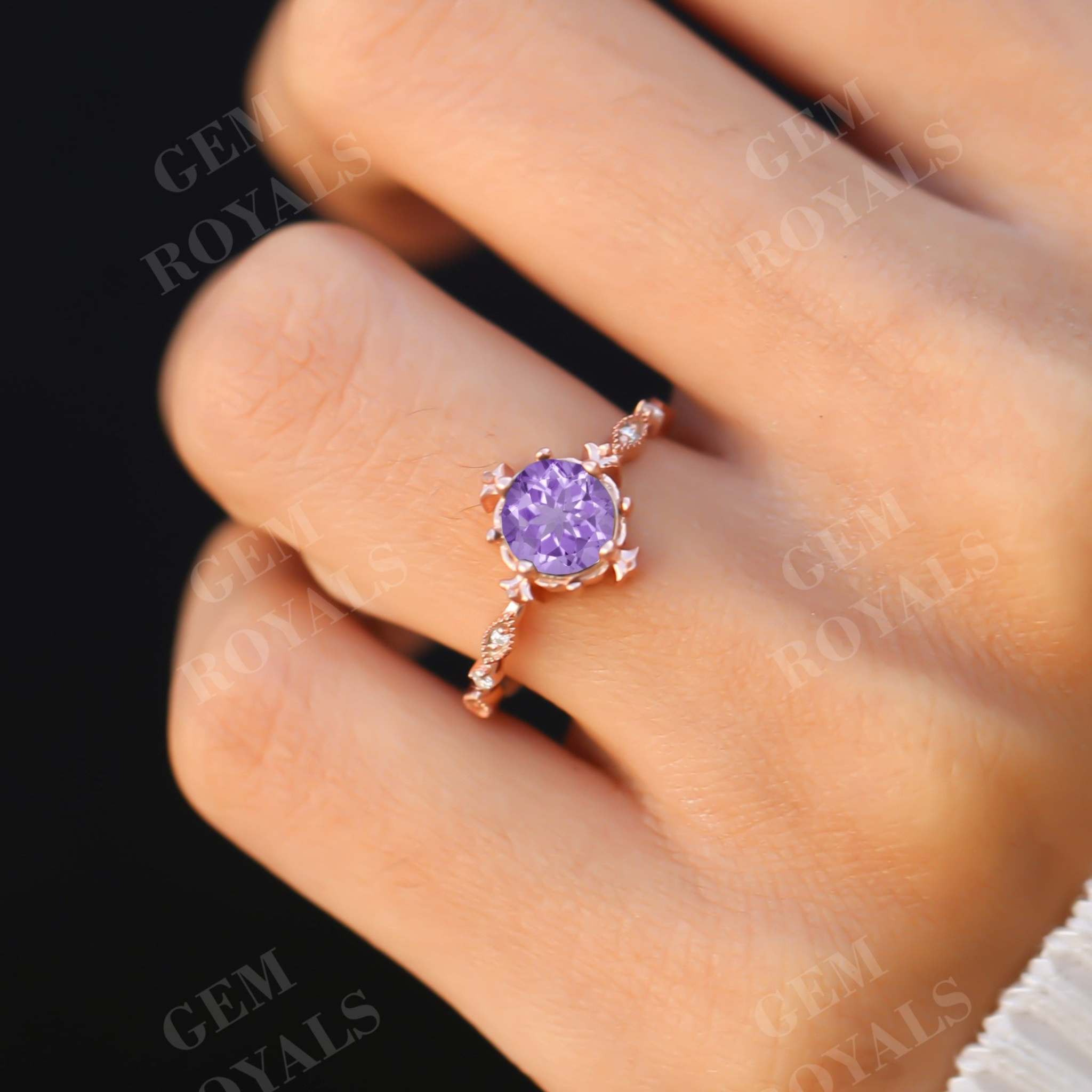 Dainty Round Natural Amethyst Engagement Ring