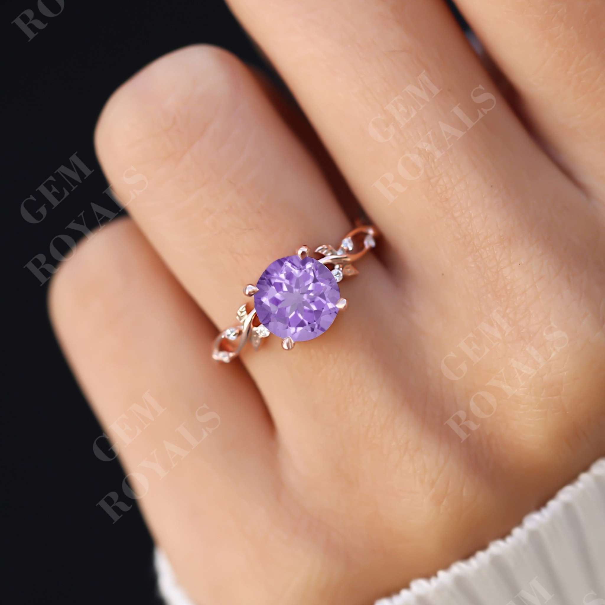 Nature Inspired Round Purple Amethyst Engagement Ring