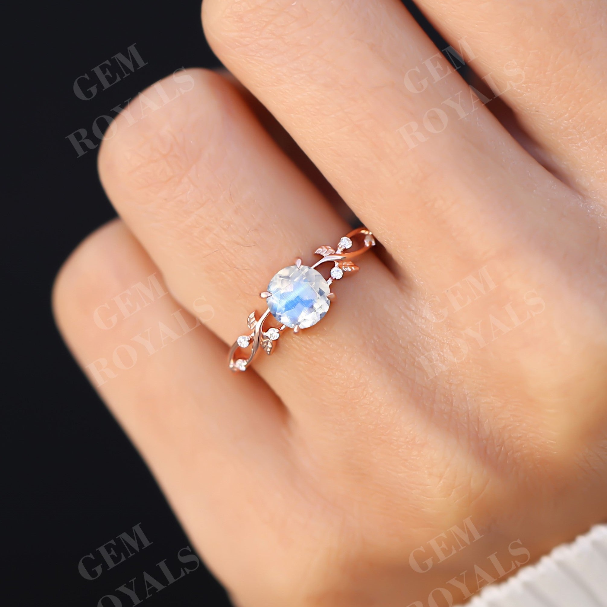 Nature Inspired Leaf Design Rainbow Moonstone Engagement Ring