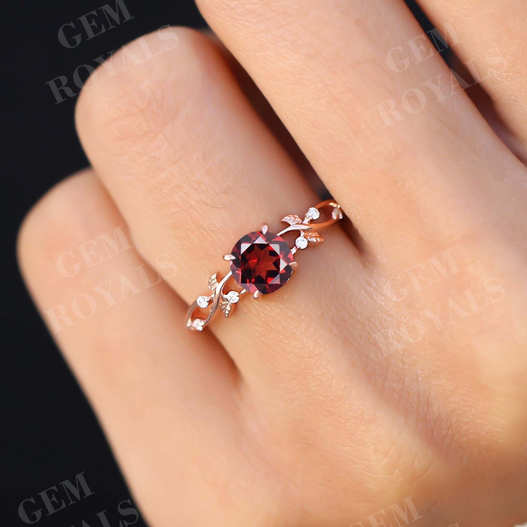 Nature Inspired Round Cut Red Garnet Engagement Ring