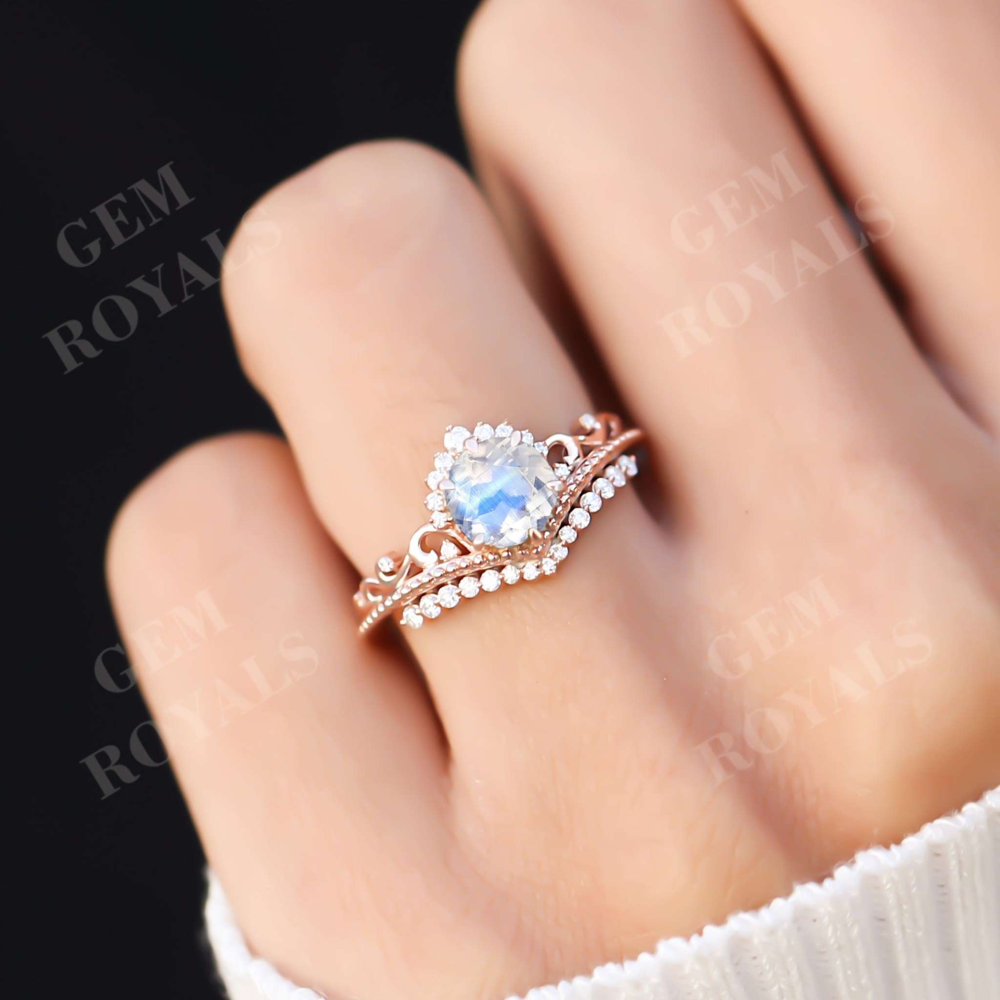 Vintage Style Unique Round Moonstone Engagement Ring