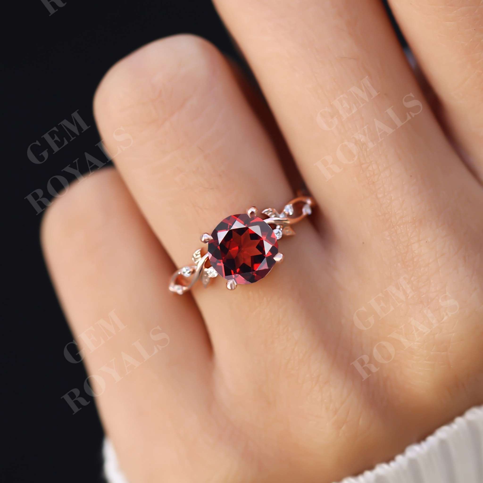 Dainty Nature Inspired Round Natural Garnet Engagement Ring