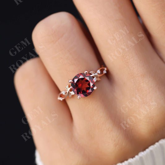 Dainty Nature Inspired Round Natural Garnet Engagement Ring