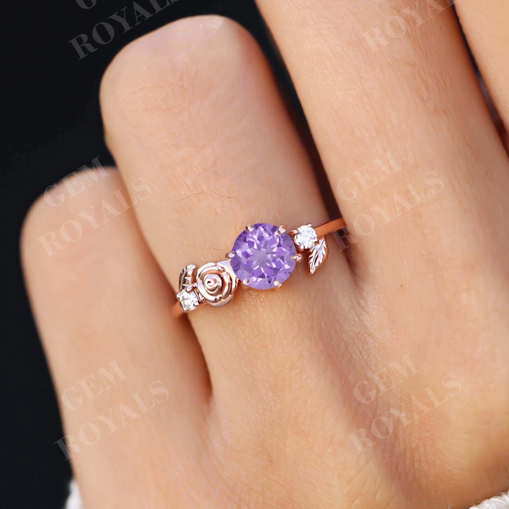 Dainty Flower Round Natural Amethyst Engagement Ring