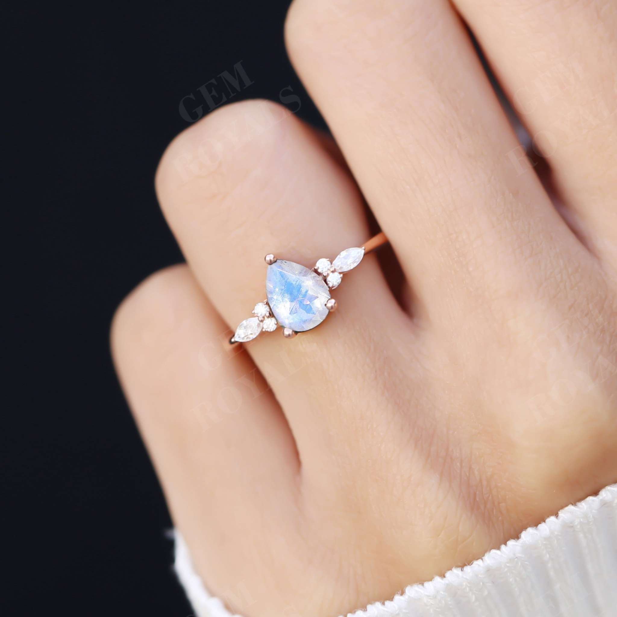 Vintage Pear Shaped Rainbow Moonstone Engagement Ring