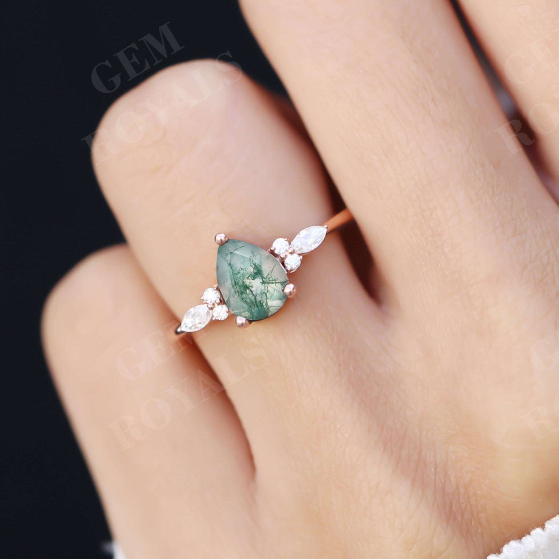 Cluster Pear Cut Natural Green Moss Agate Engagement Ring