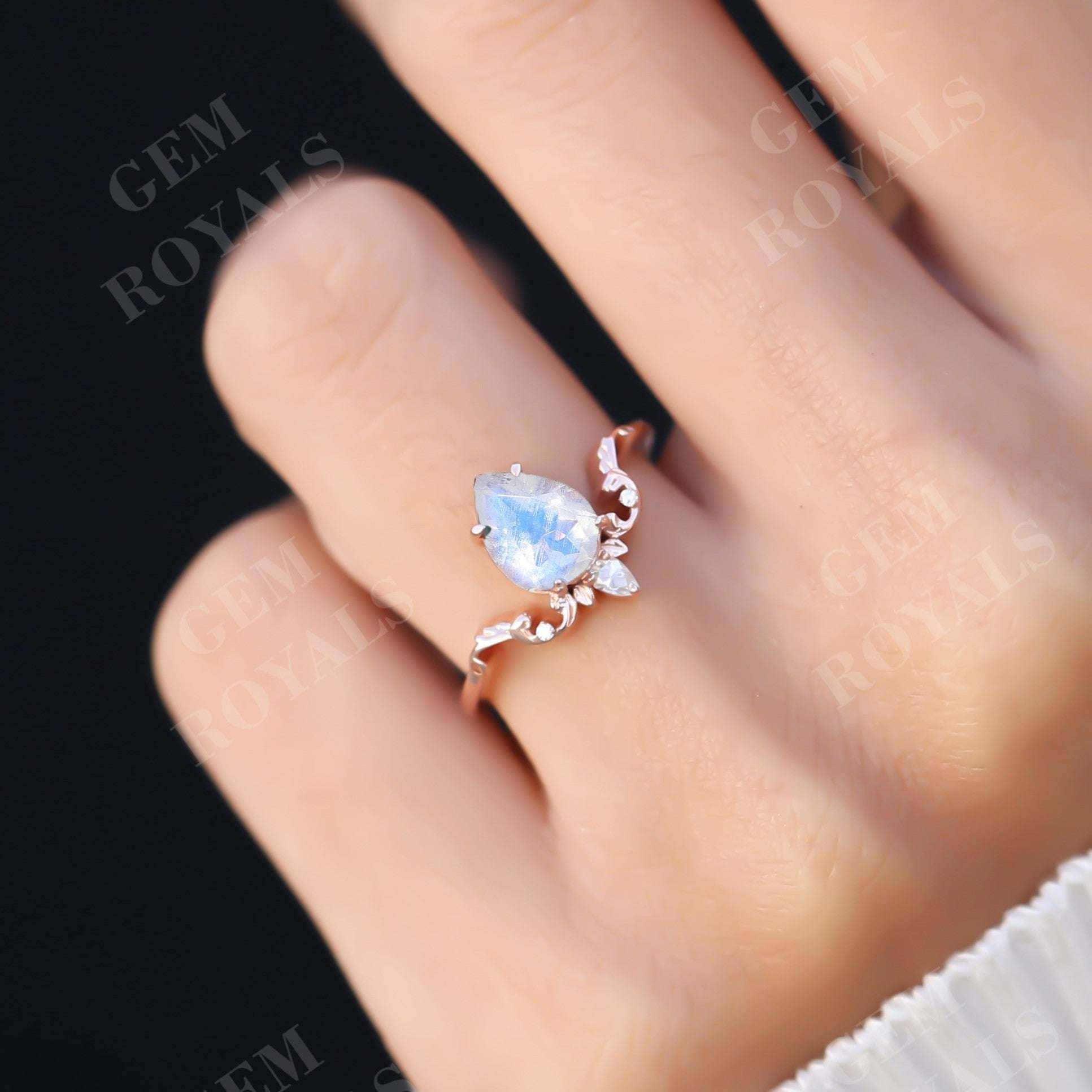 Art Deco Pear Shaped Moonstone Engagement Ring