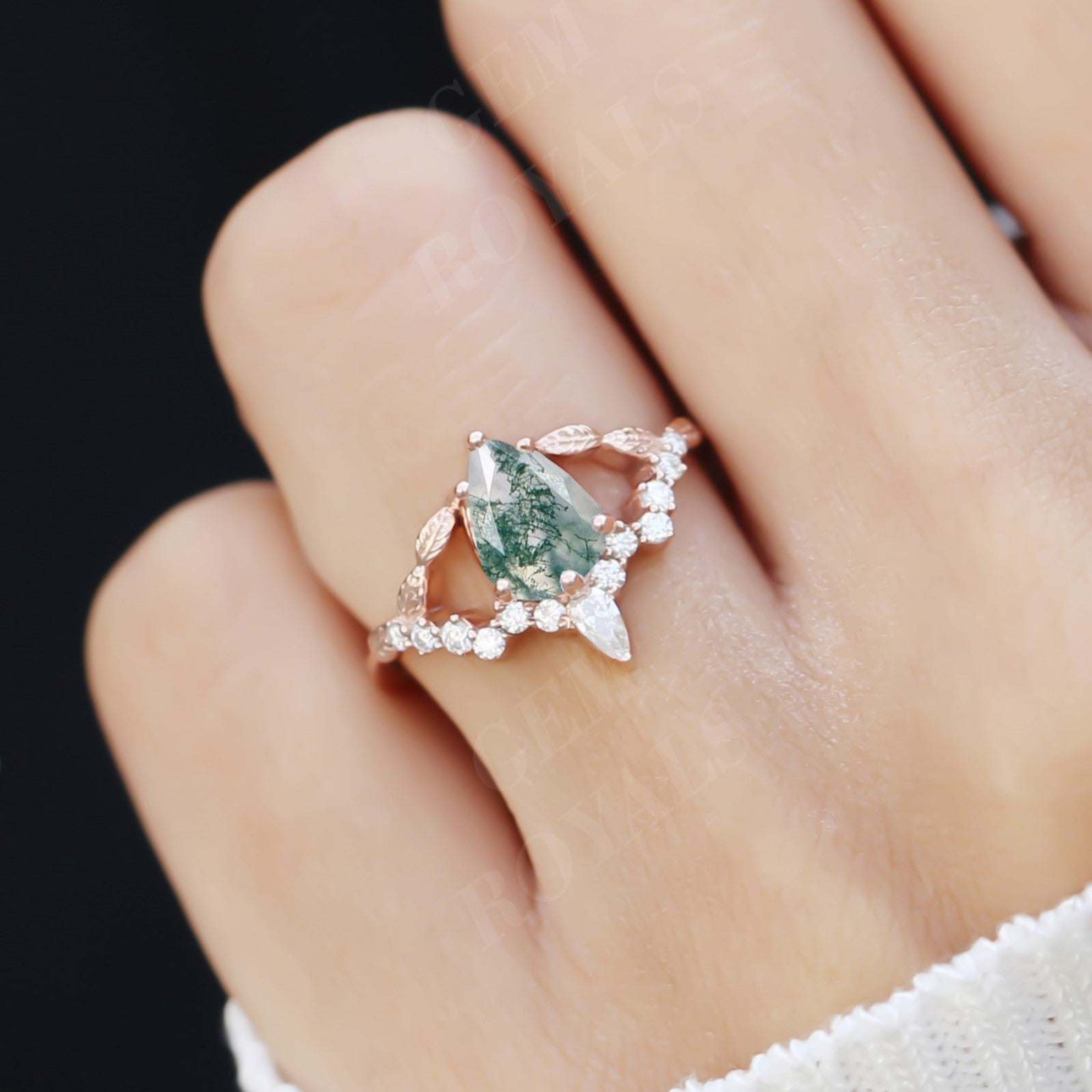 Art Deco Pear Shaped Moss Agate Engagement Ring