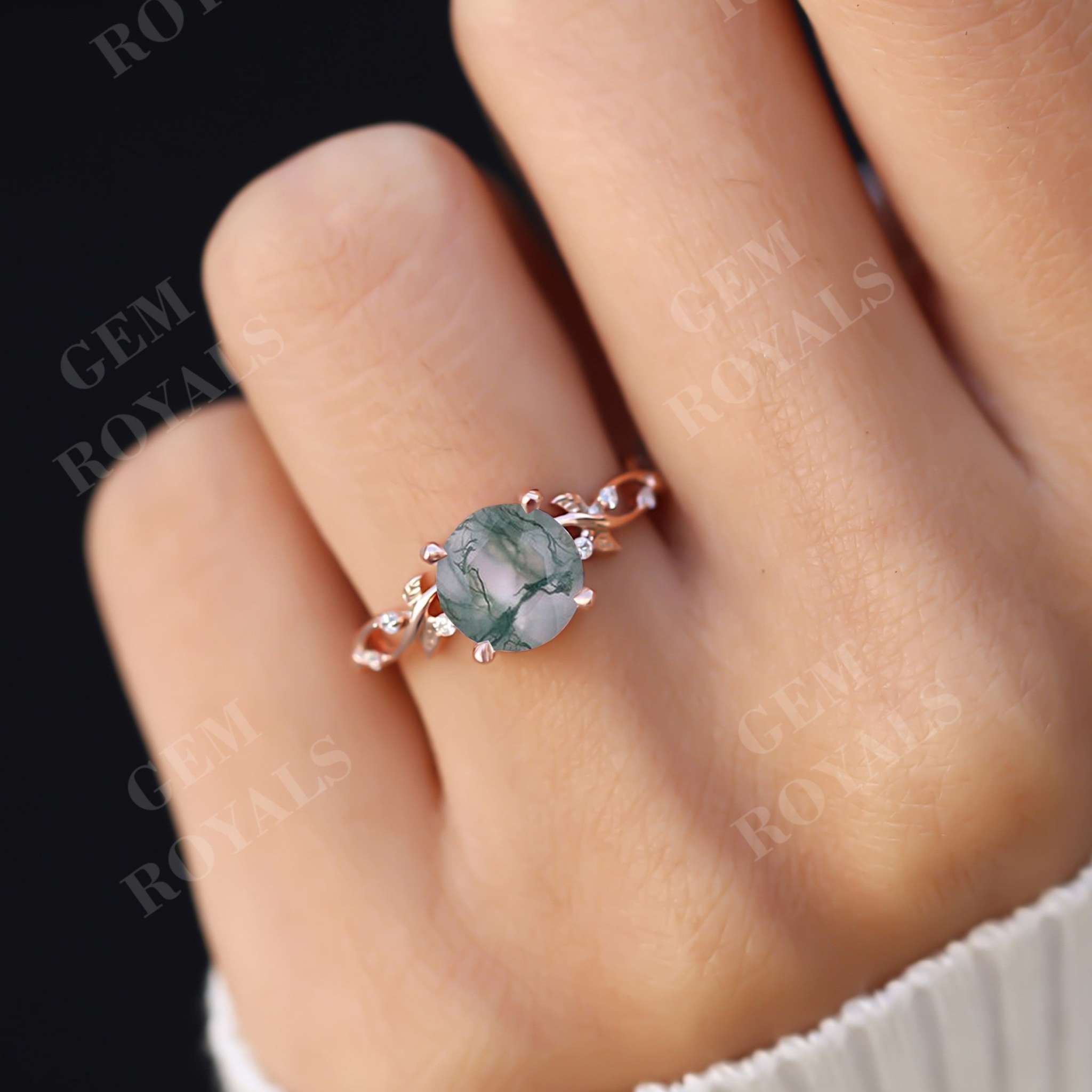 Natural Inspired Round Moss Agate Engagement Ring