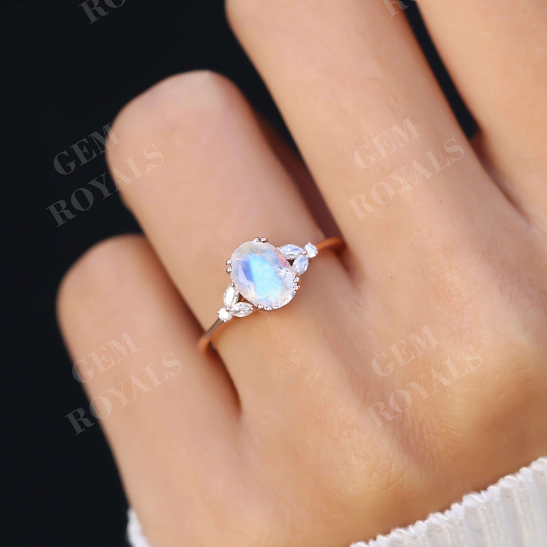 Cluster Oval Cut Rainbow Moonstone Engagement Ring