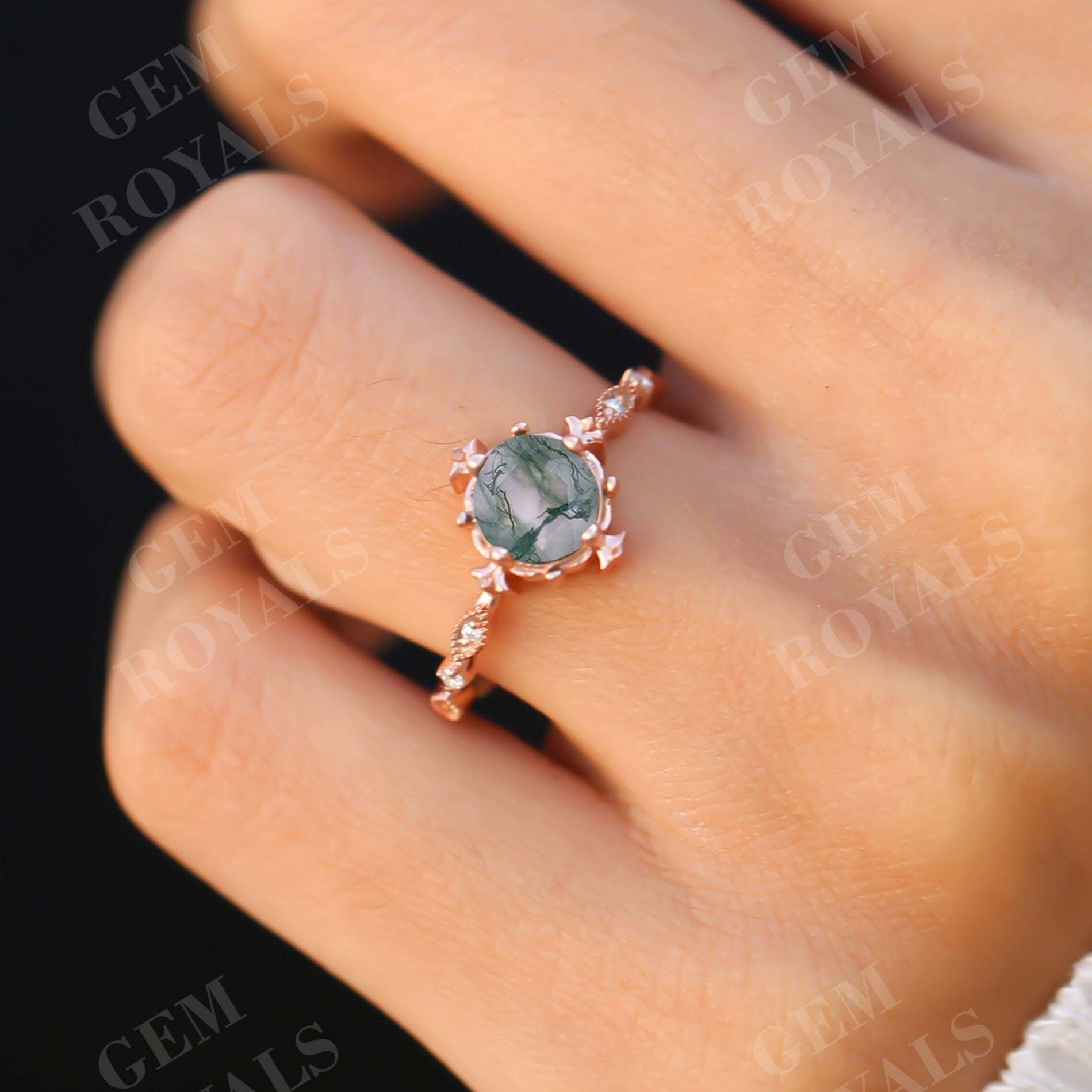 Art Deco Round Cut Natural Moss Agate Engagement Ring