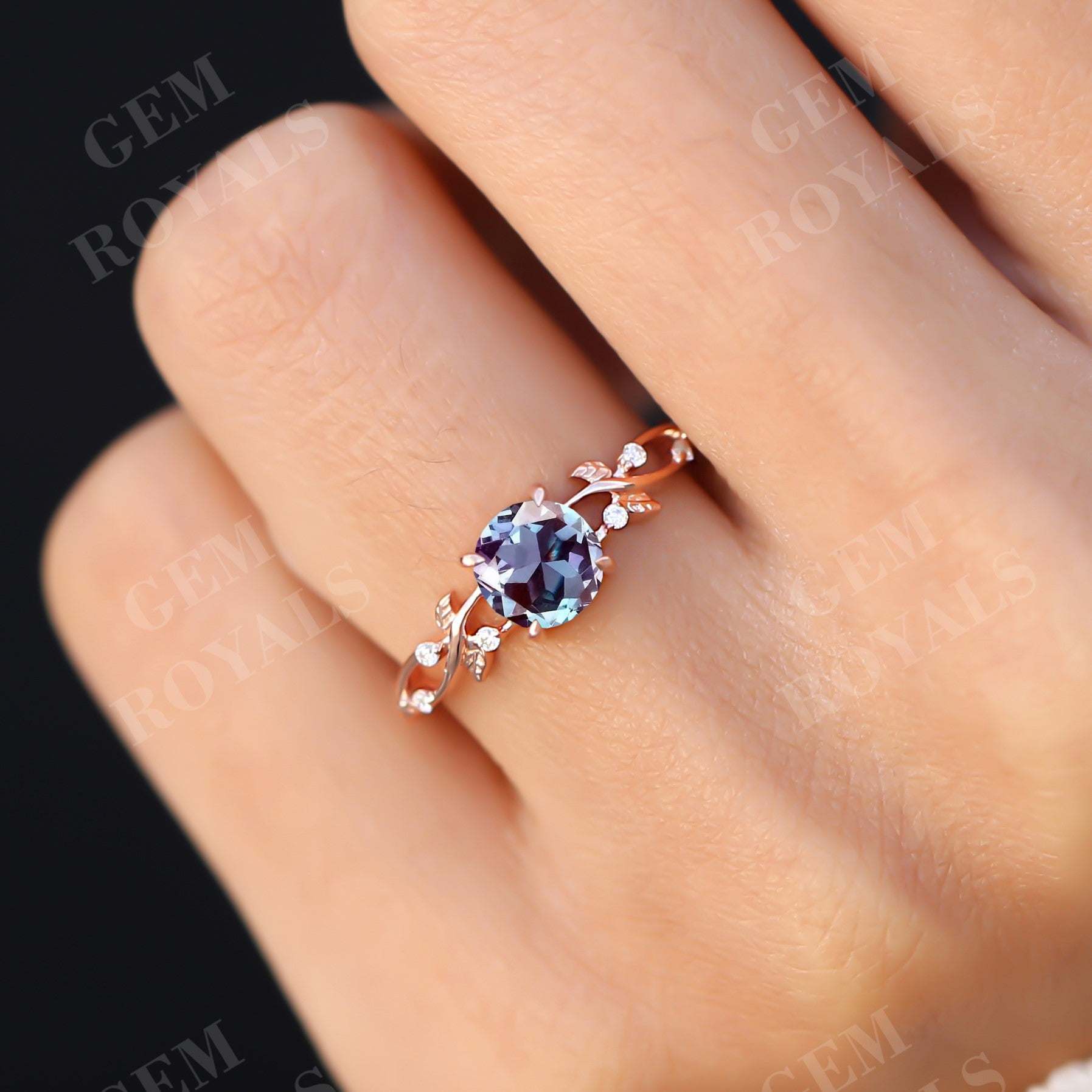 Nature Inspired Round Cut Alexandrite Engagement Ring