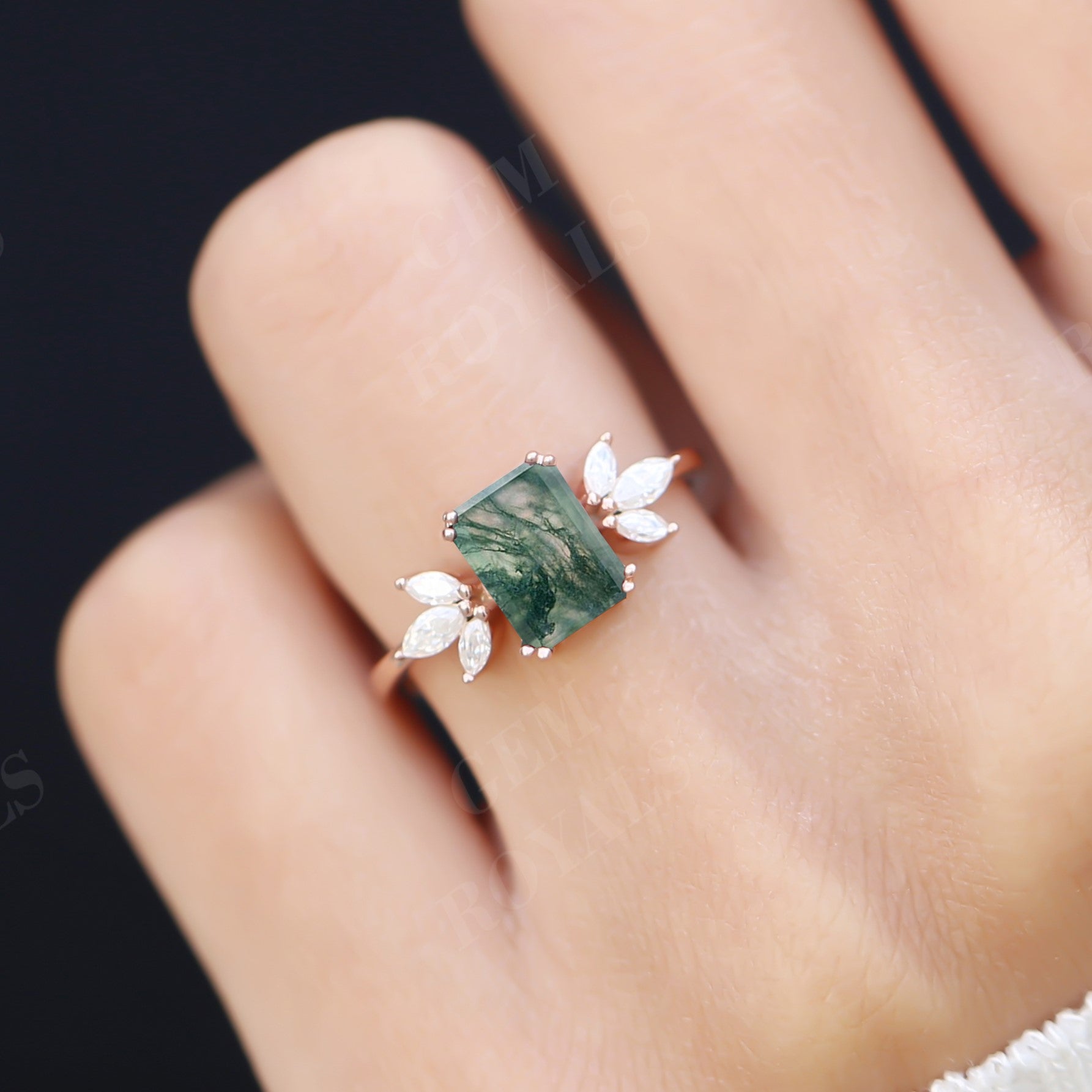 Cluster Emerald Cut Natural Moss Agate Engagement Ring