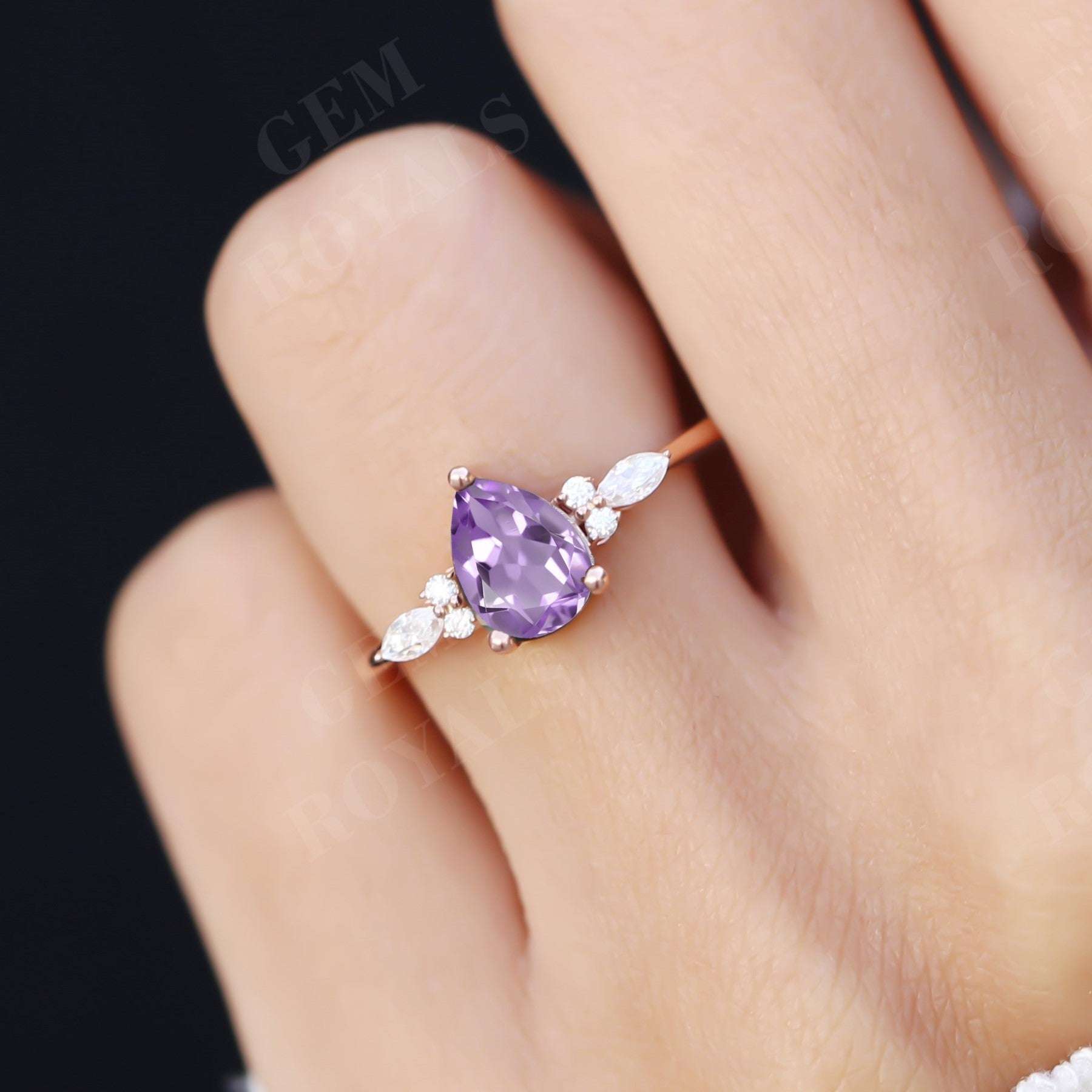 Pear Cut Natural Purple Amethyst Engagement Ring