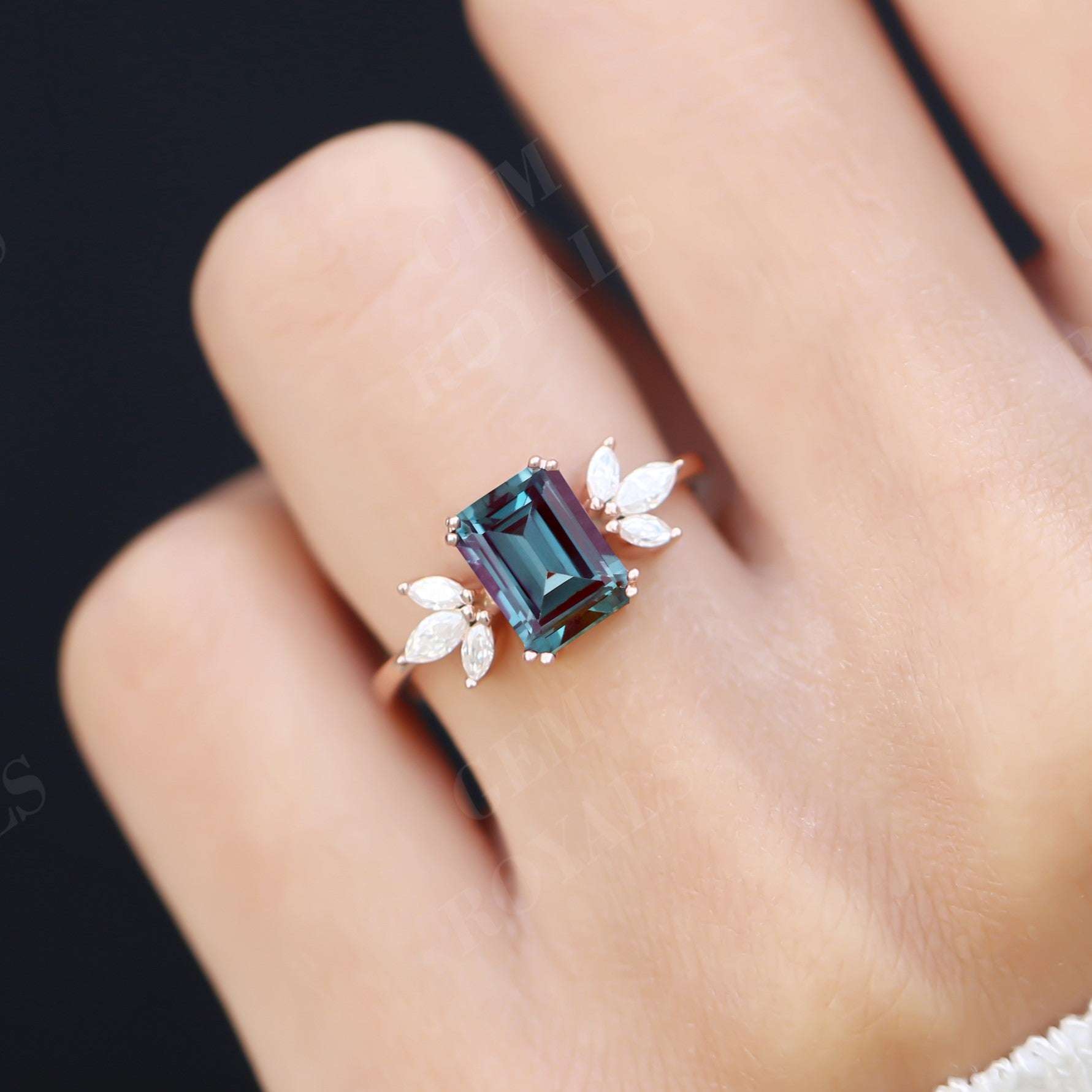 Cluster Emerald Cut Alexandrite Engagement Ring