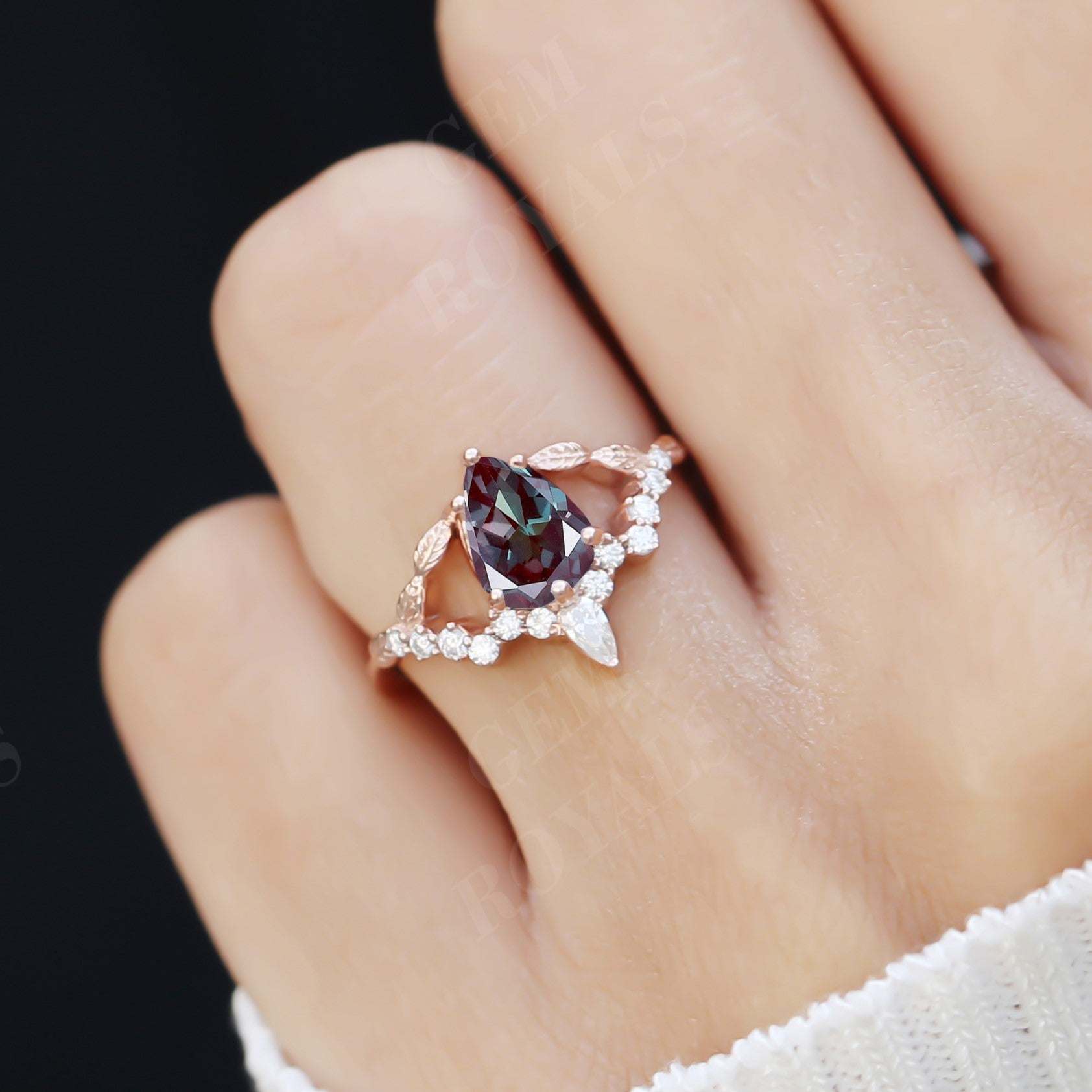 Nature Inspired Pear Shaped Alexandrite Engagement Ring