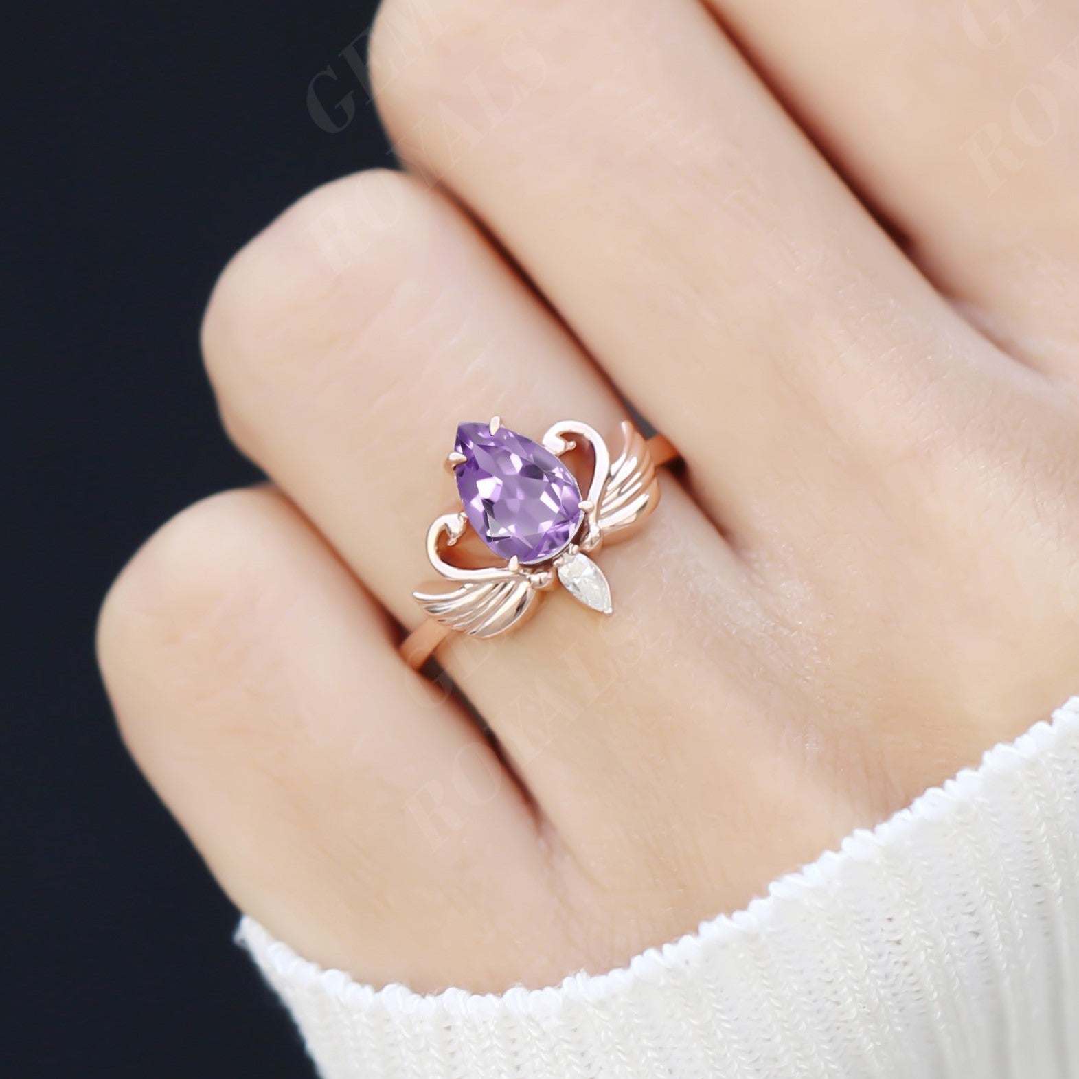 Antique Pear Cut Natural Purple Amethyst Engagement Ring