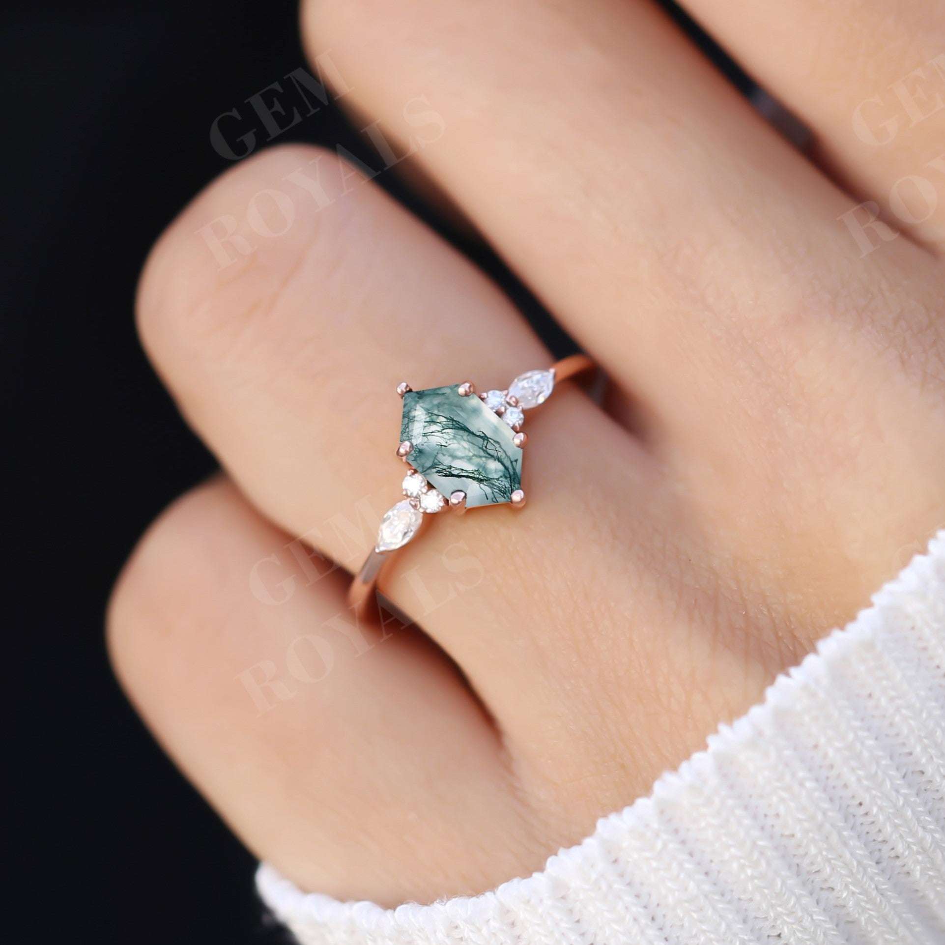 Antique Long Hexagon Cut Moss Agate Engagement Ring