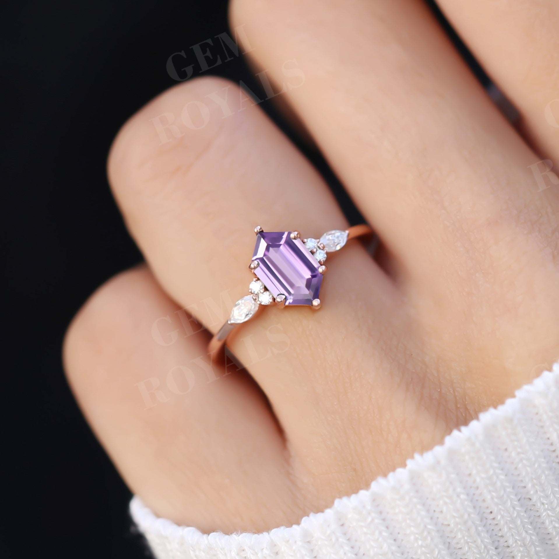 Unique Long Hexagon Purple Amethyst Engagement Ring