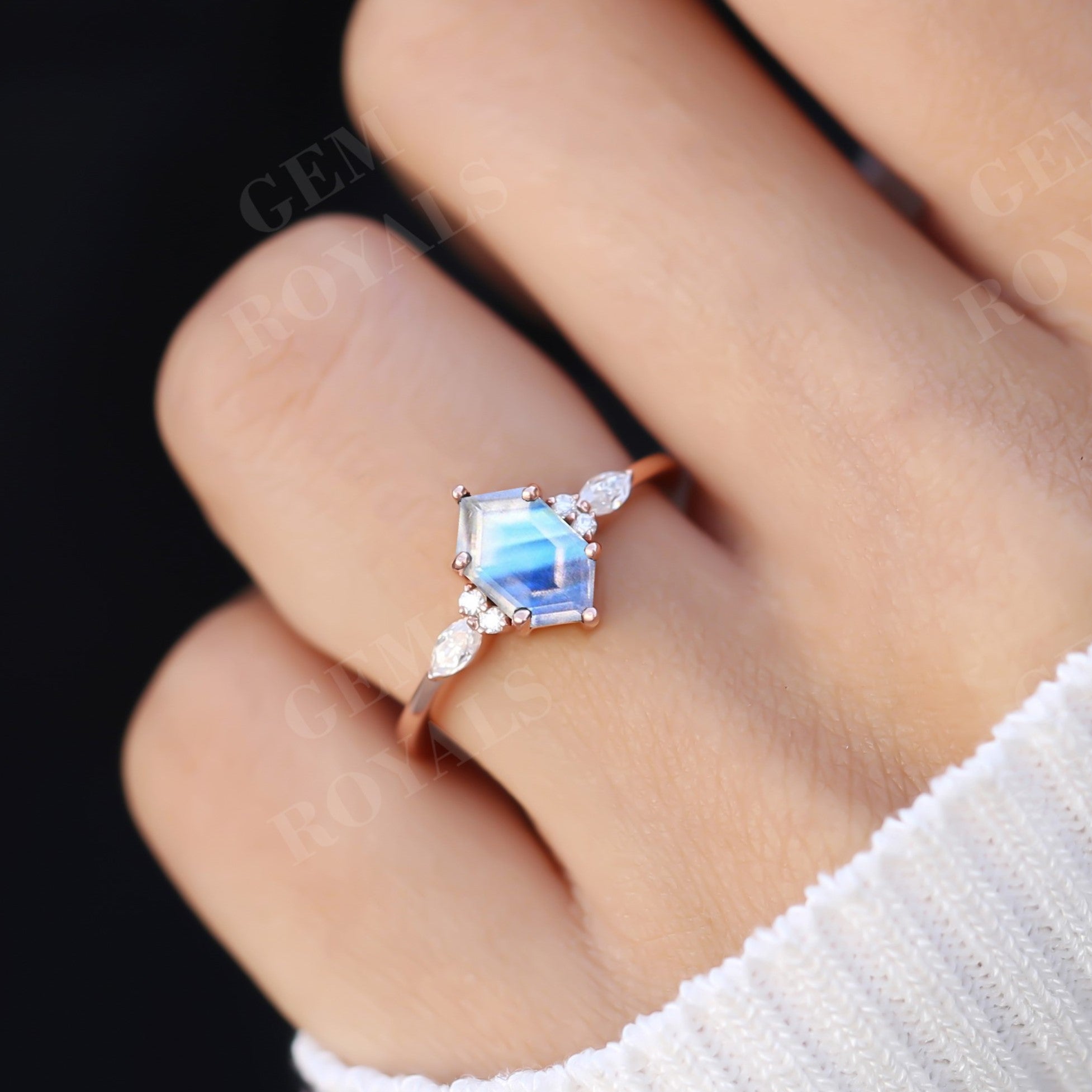 Unique Long Hexagon Moonstone Engagement Ring