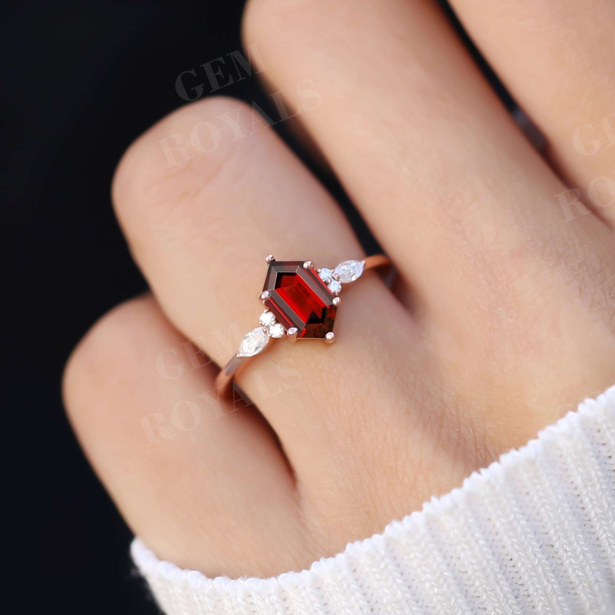 Cluster Long Hexagon Shape Red Garnet Engagement Ring