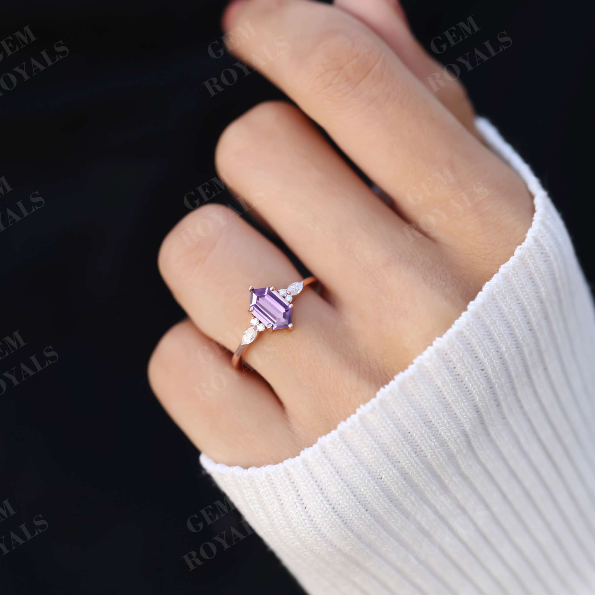 Unique Long Hexagon Purple Amethyst Engagement Ring