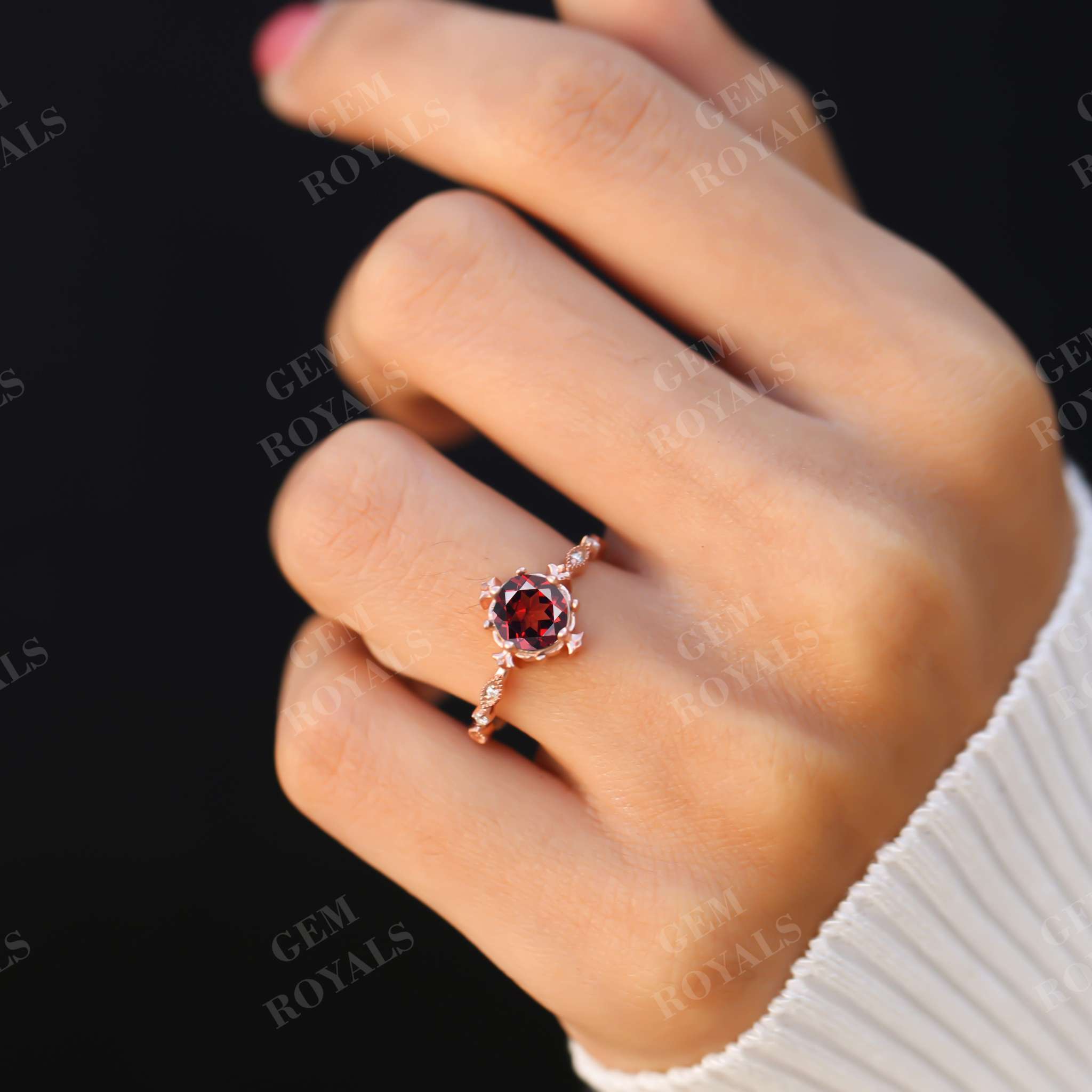 Vintage Milgrain Round Natural Red Garnet Engagement Ring