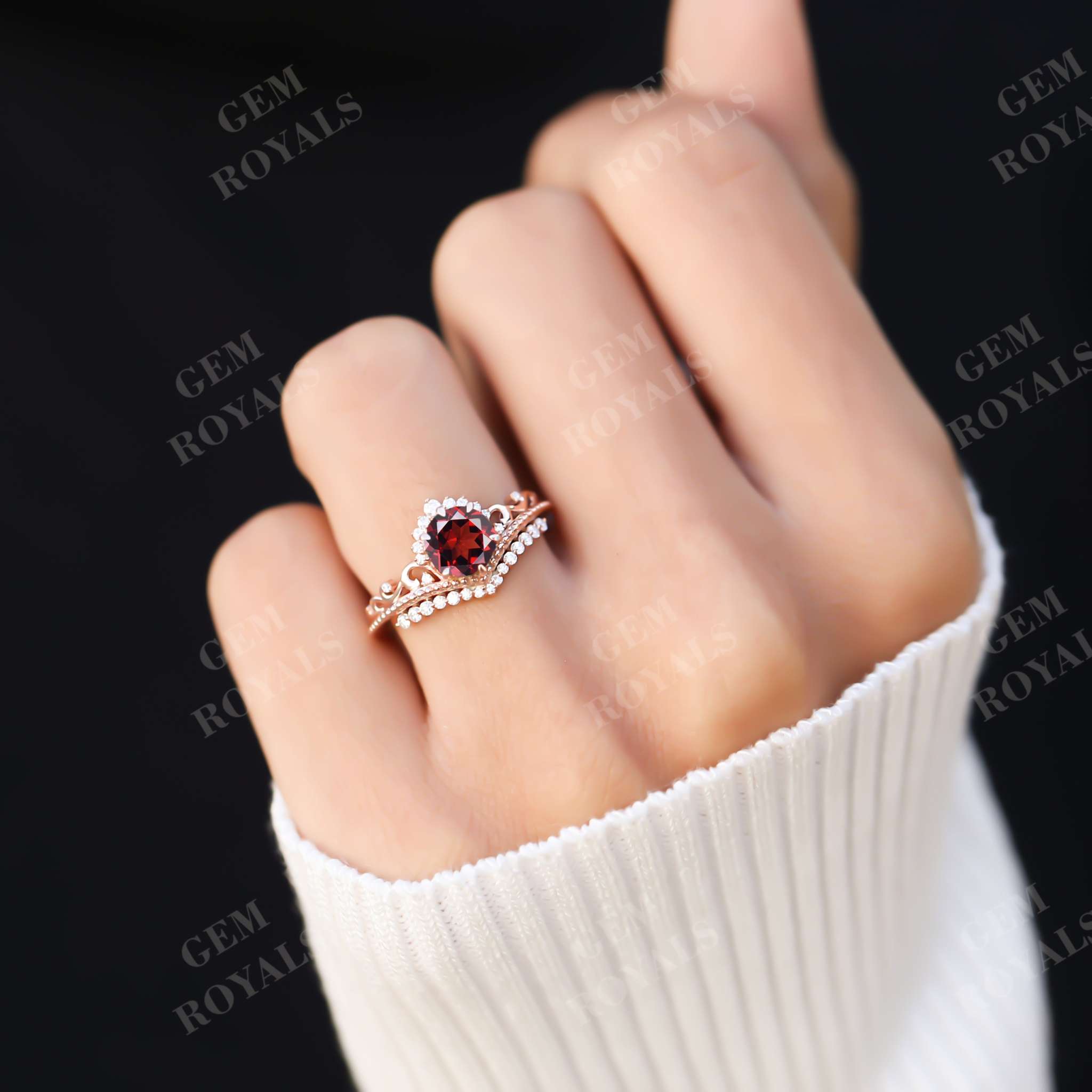 Unique Chevron Round Red Garnet Engagement Ring