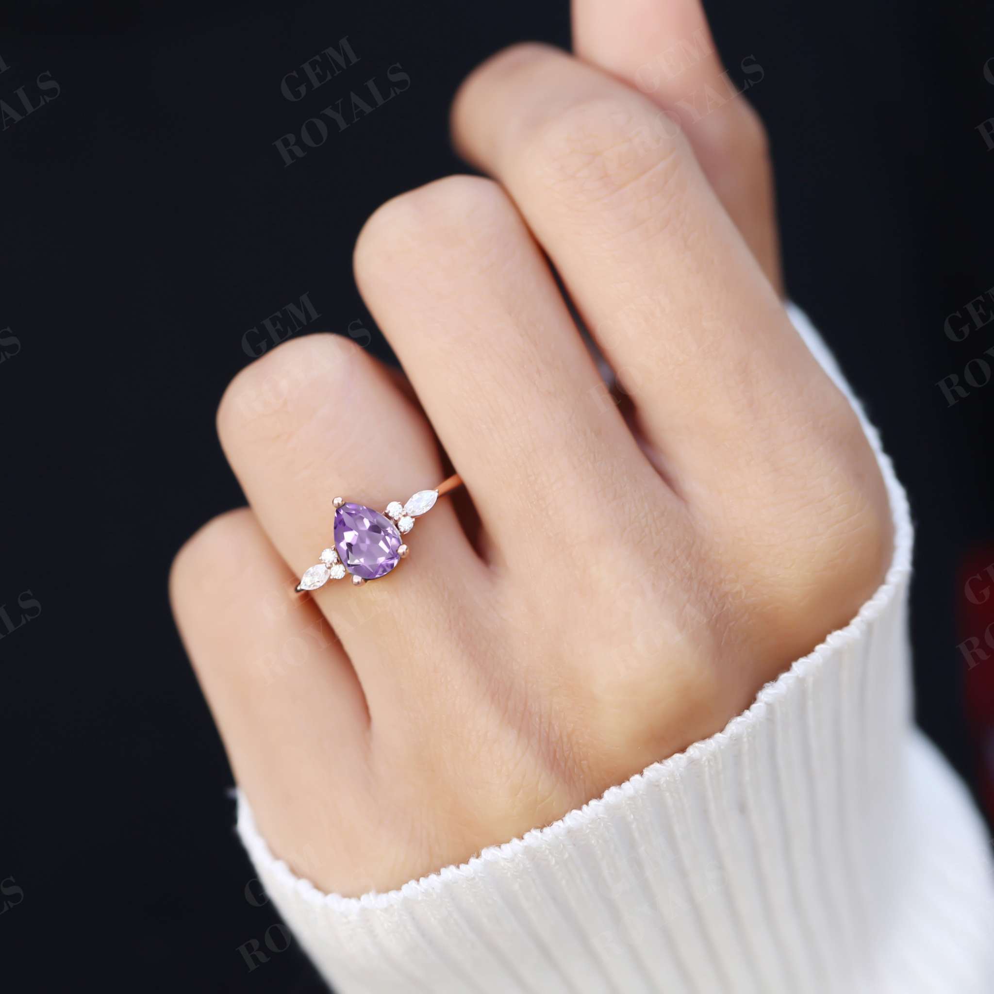 Pear Cut Natural Purple Amethyst Engagement Ring