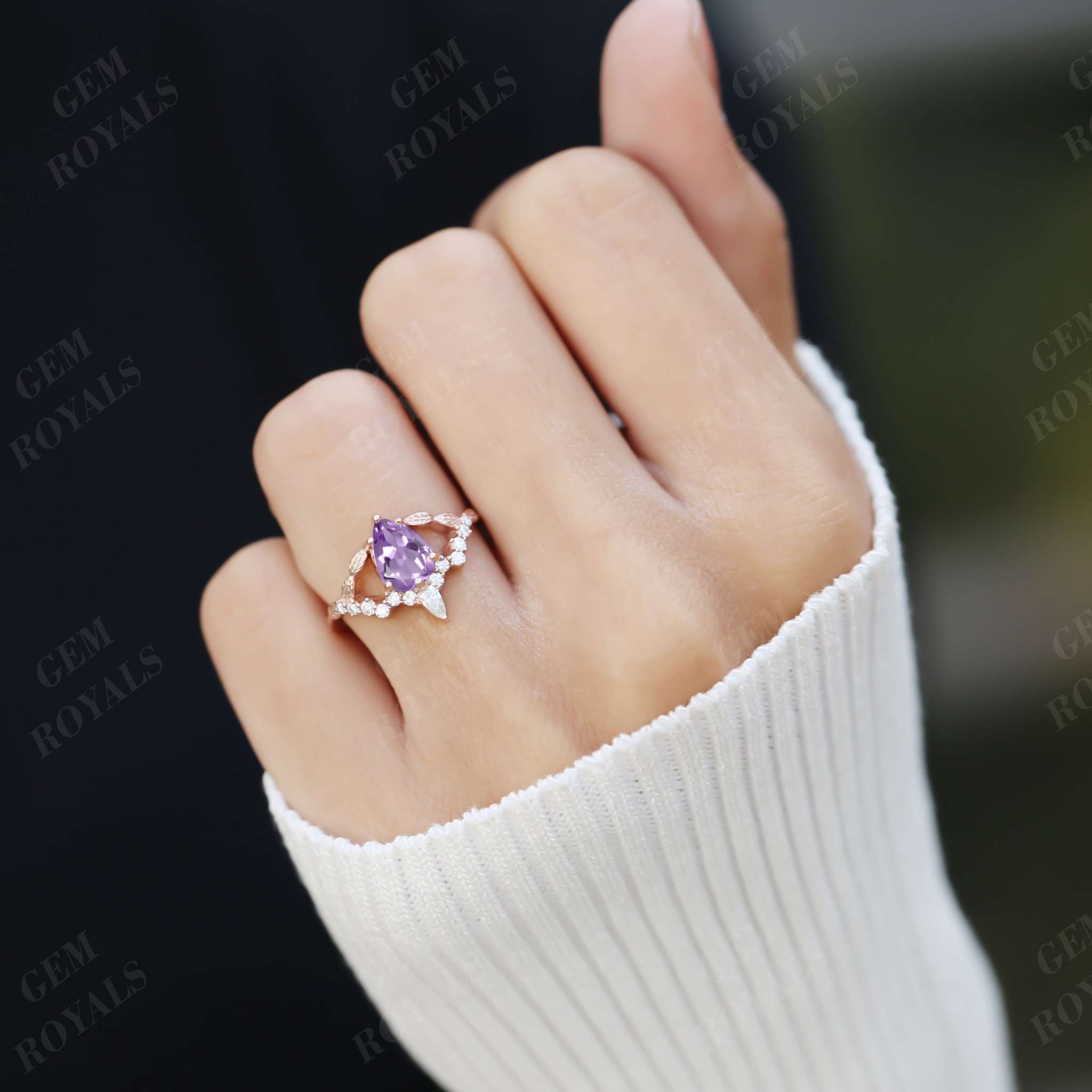 Nature Inspired Leaf Design Pear Amethyst Engagement Ring