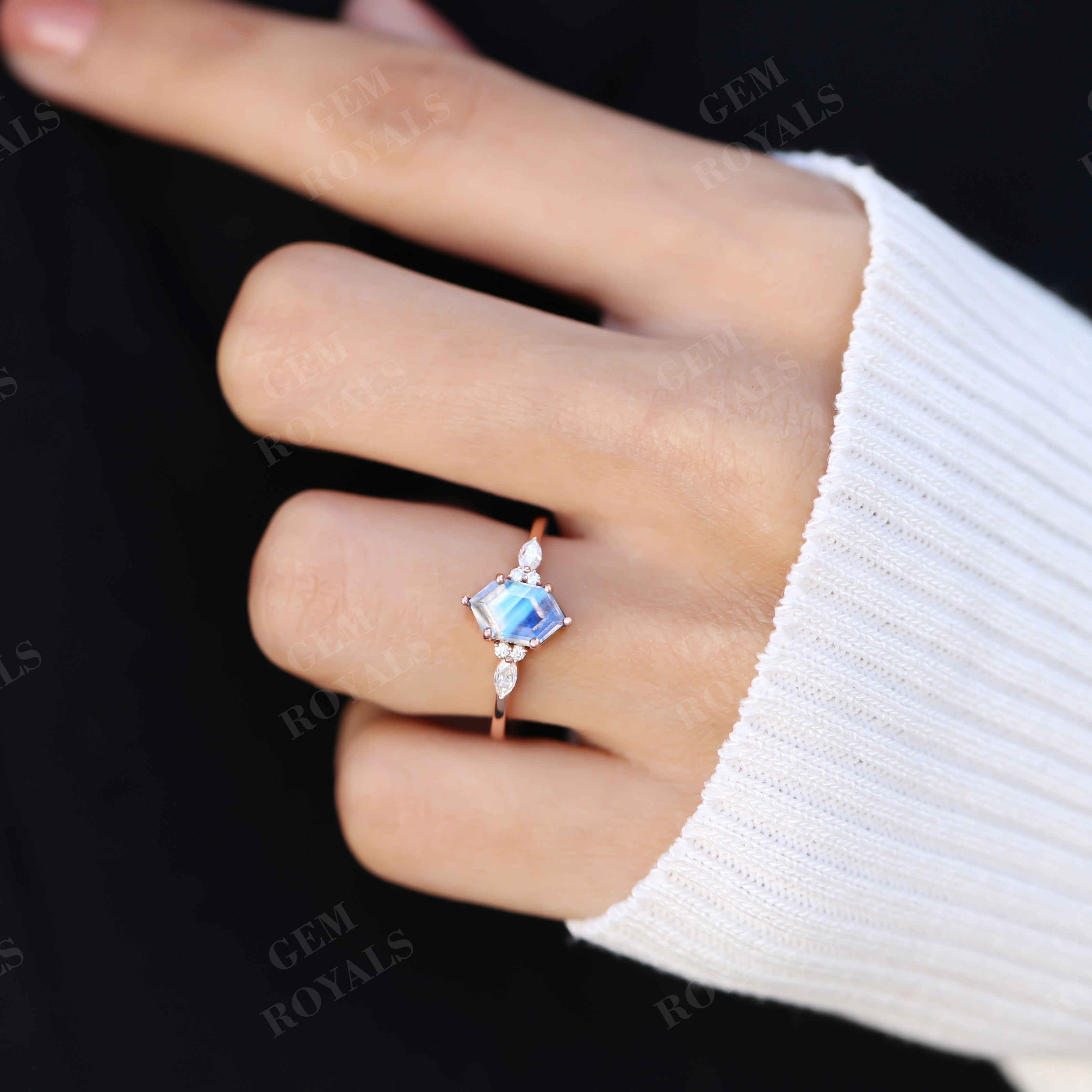 Unique Long Hexagon Moonstone Engagement Ring