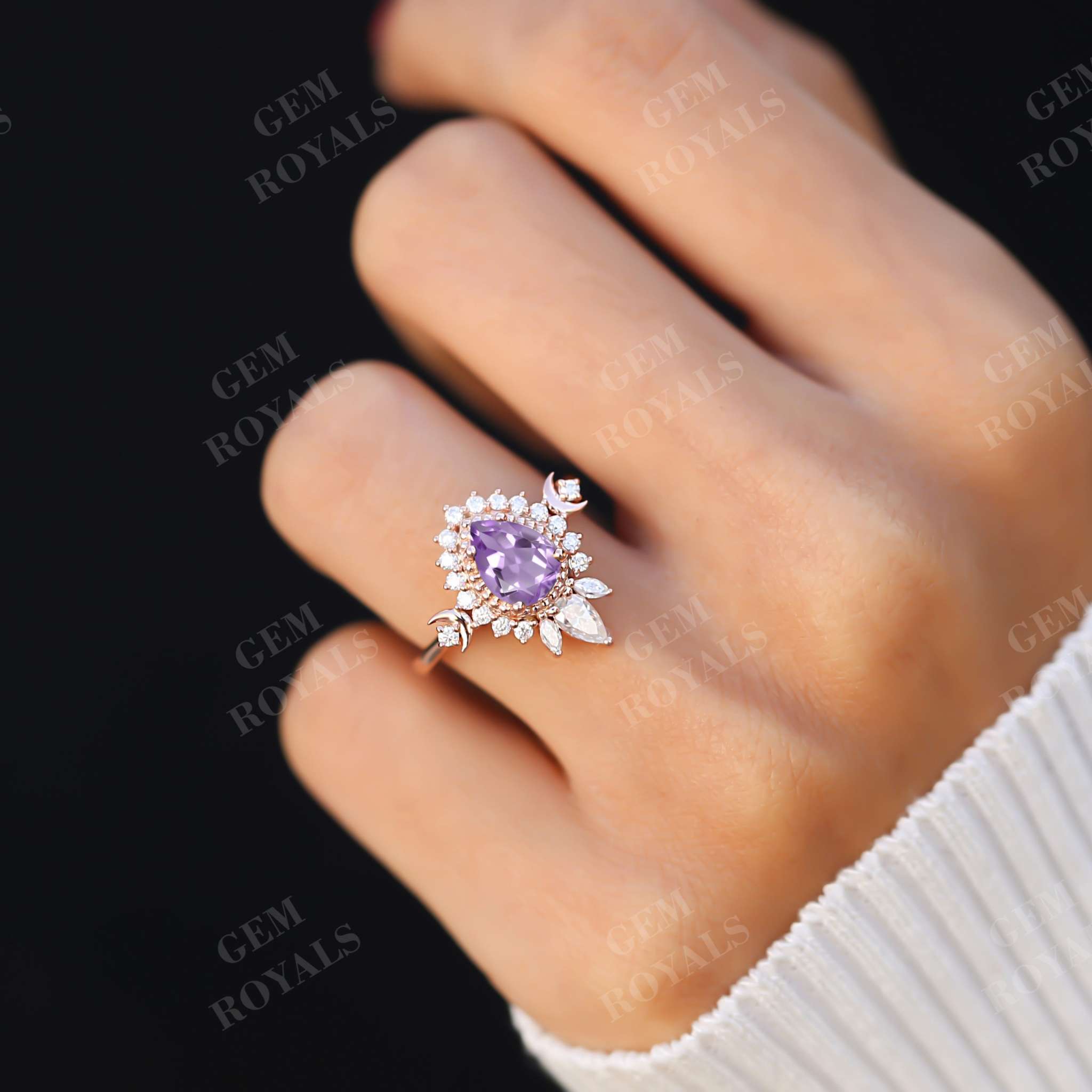 Art Deco Pear Shaped Natural Amethyst Engagement Ring