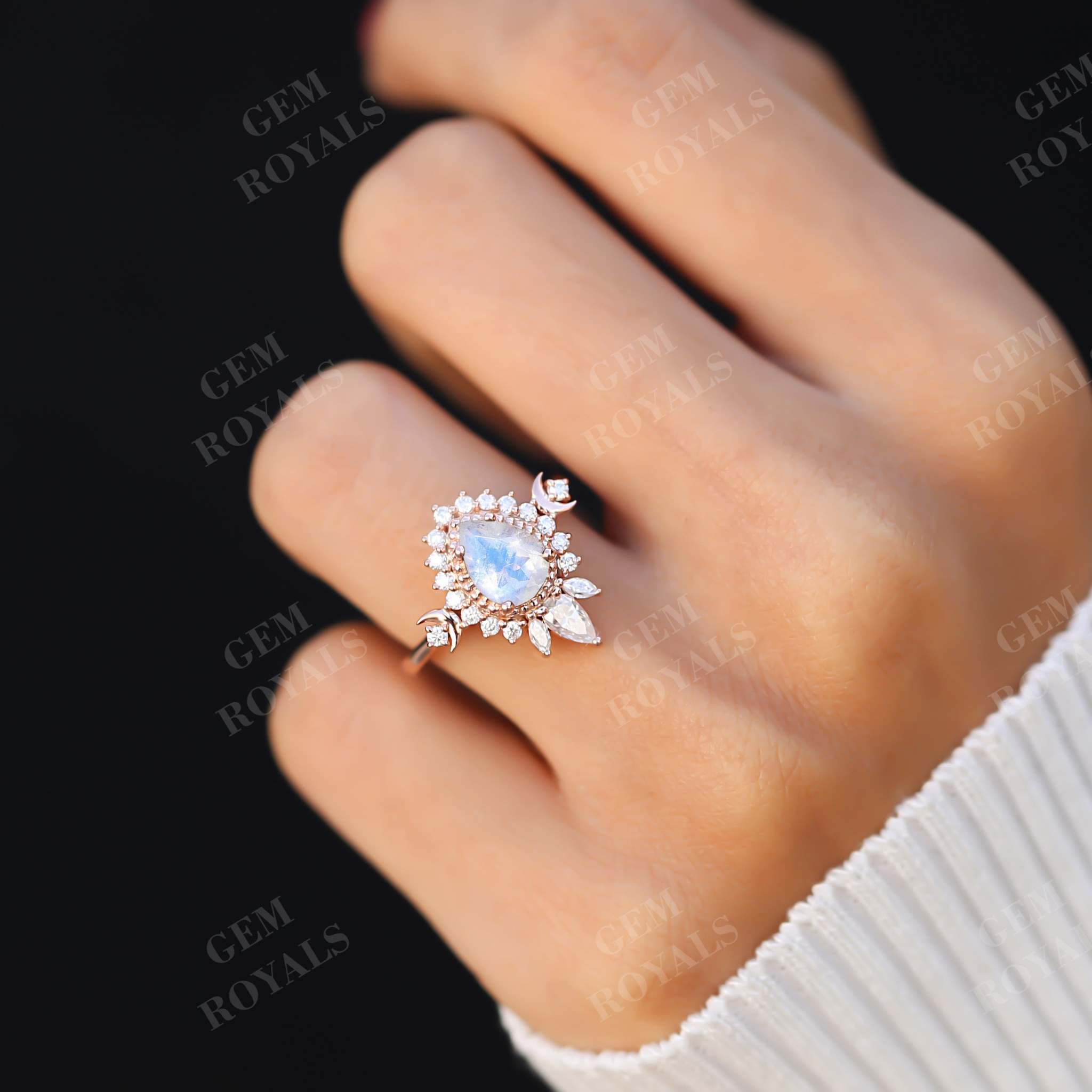 Vintage Pear Shaped Moonstone Halo Engagement Ring